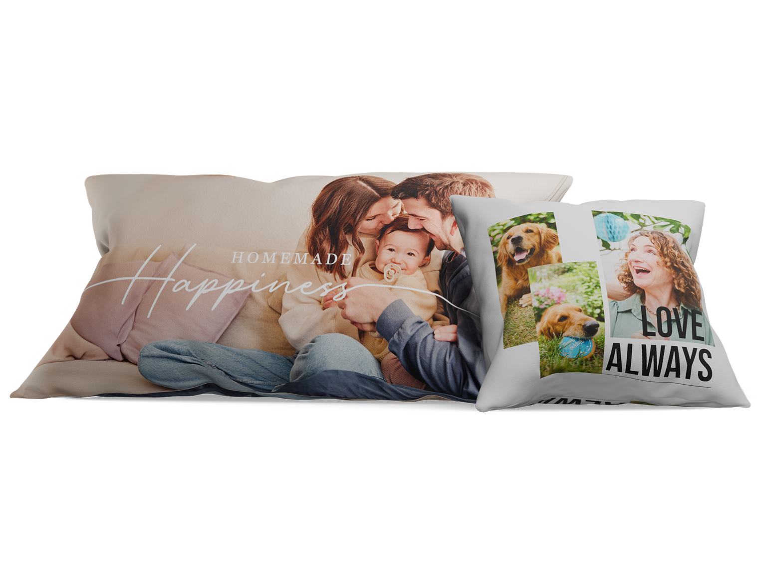Coussins personnalisés avec des photos de famille et d'un chien