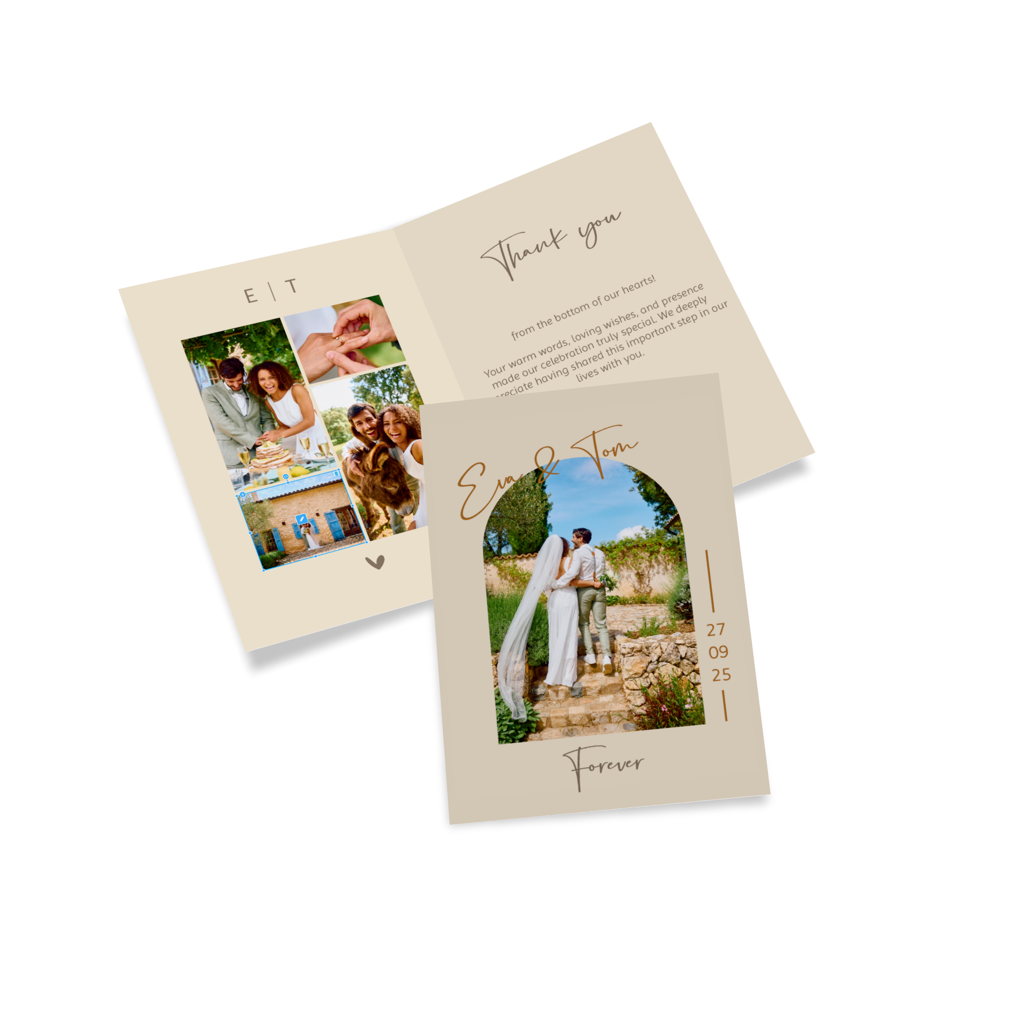 Tarjeta plegable con una foto de una pareja y un texto personalizado como tarjeta de agradecimiento de una boda.