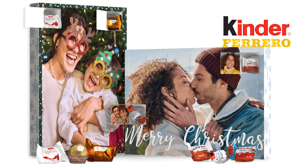 Mix aus Foto-Adventskalendern mit Schokolade von kinder® und Ferrero Pralinen, auf denen winterliche Motive und weihnachtliche Designs zu sehen sind
