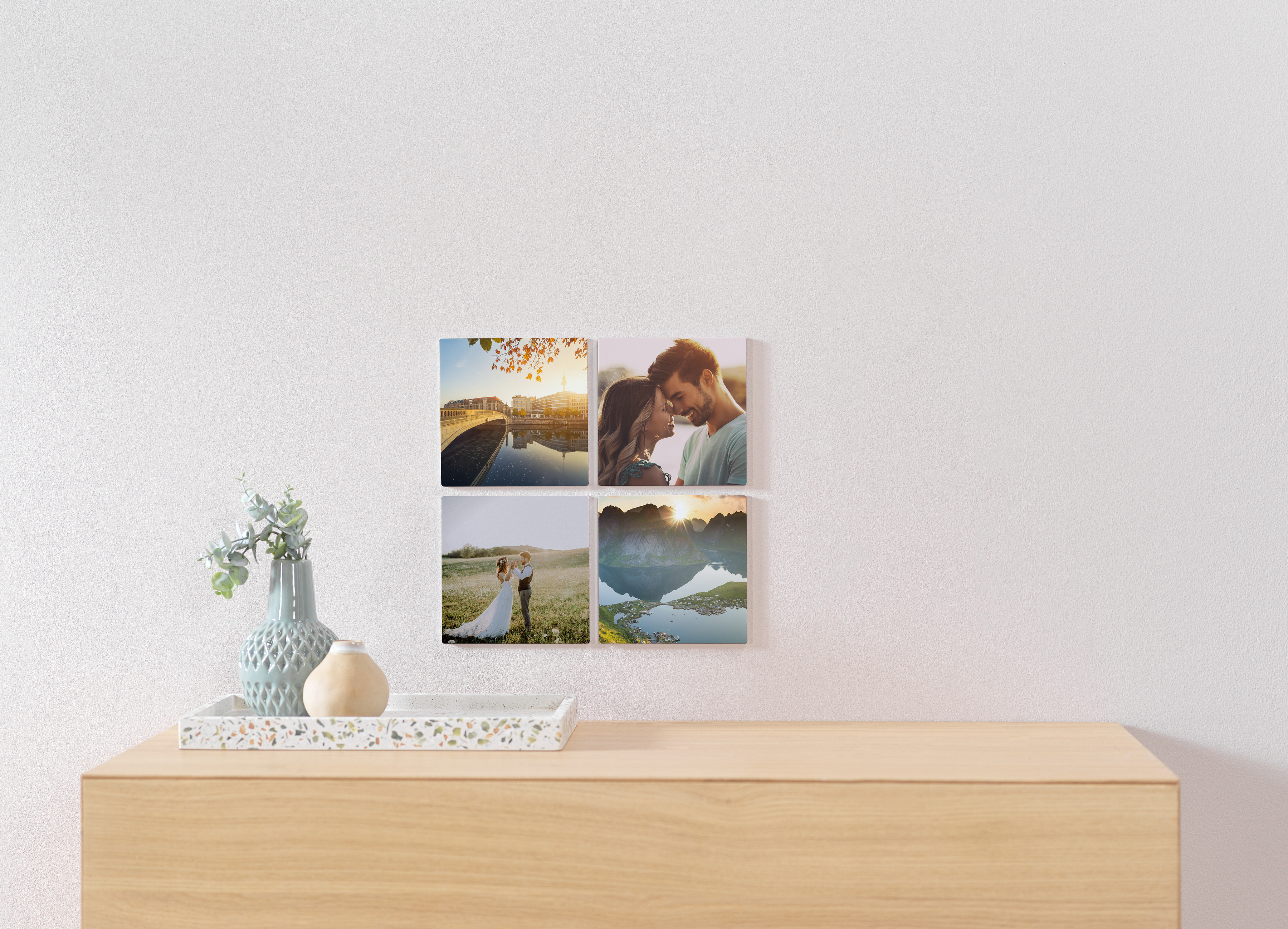 Vier Pixum Squares in 15x15 cm mit Hochzeitsmotiv.