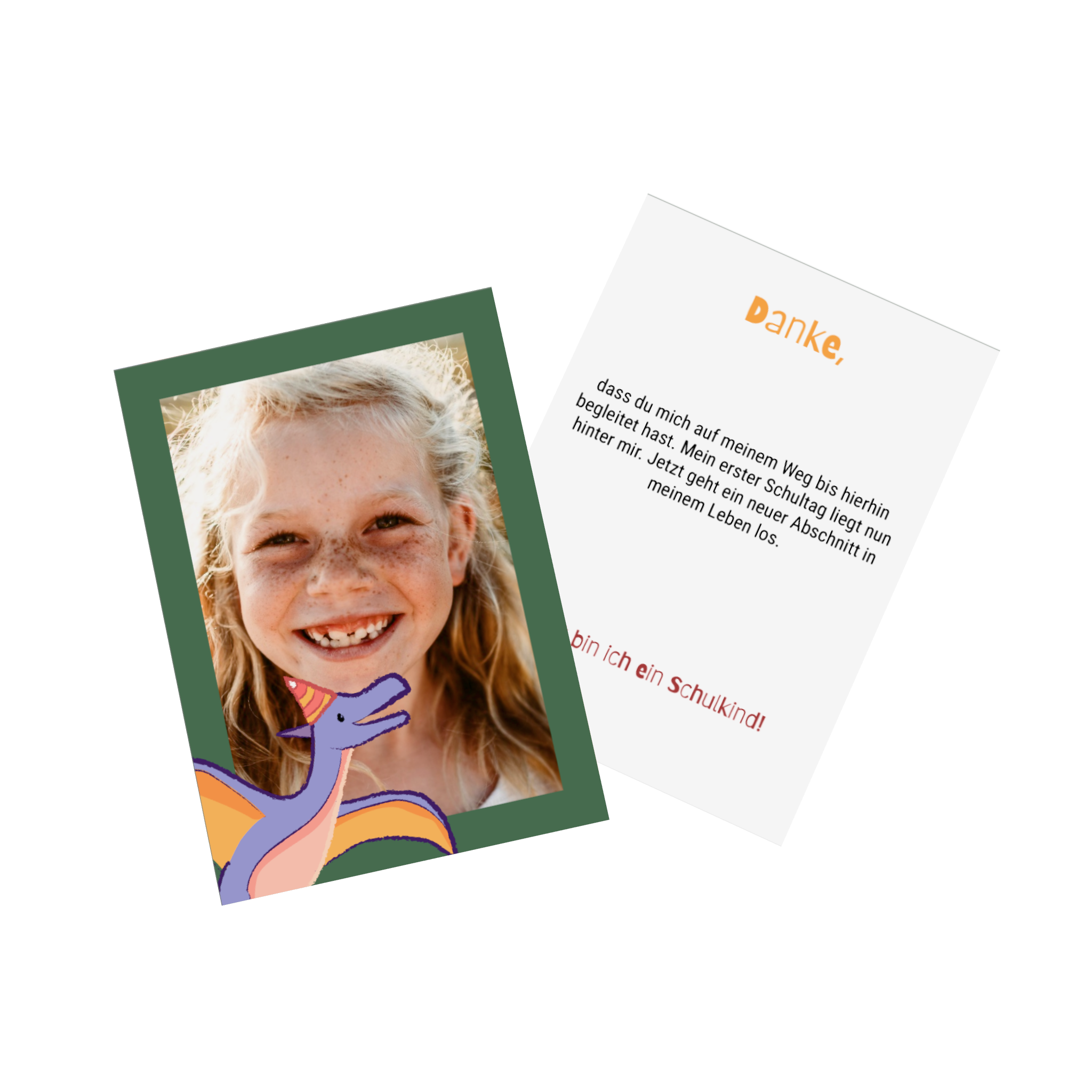 Dankeskarte zur Einschulung mit Dino Design und Foto auf der Vorderseite und individuellem Dankestext auf der Rückseite.