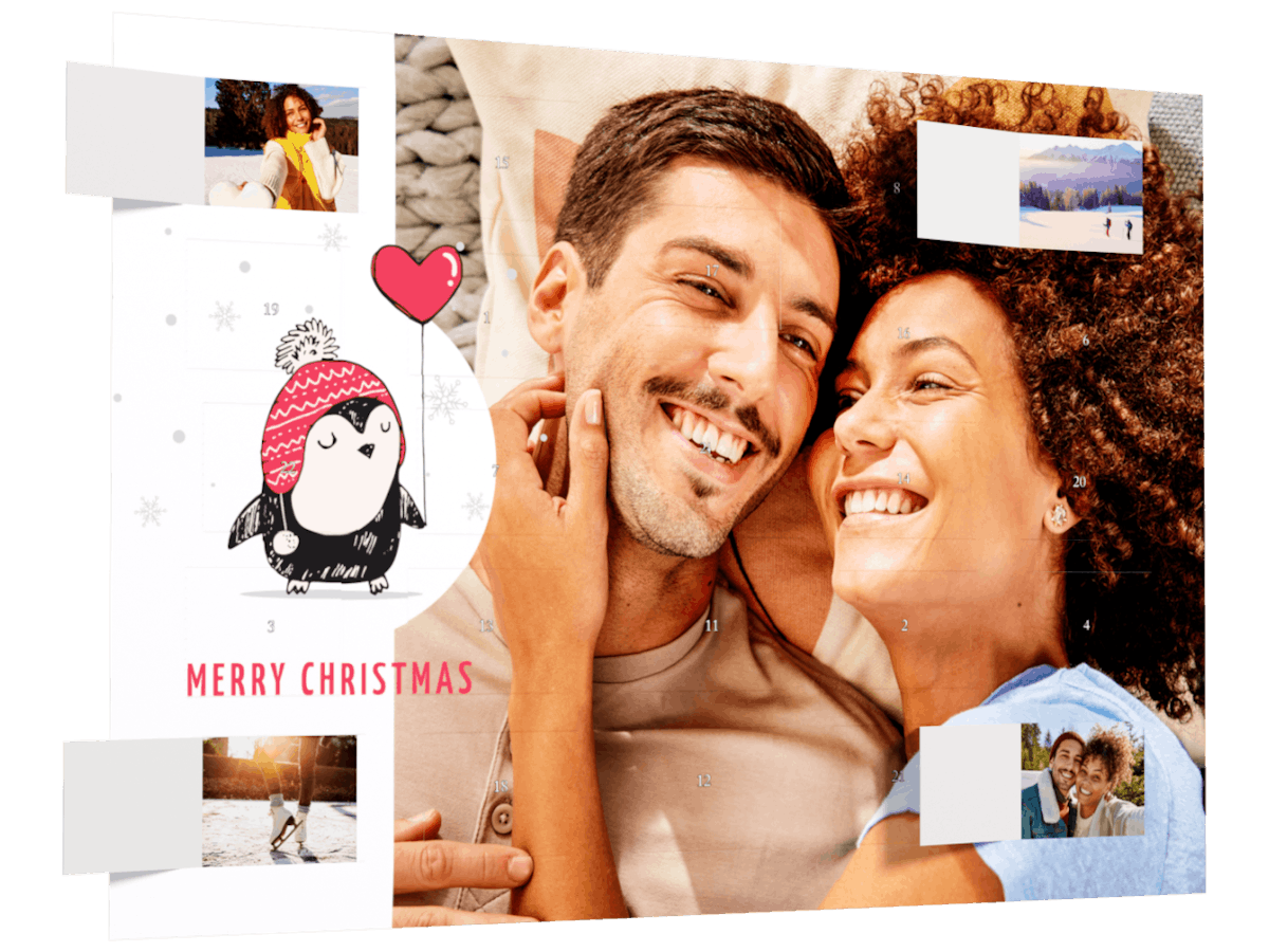 Adventskalender met fotodeurtjes Animatie video van een foto adventskalender met fotodeurtjes en een foto van een stelletje