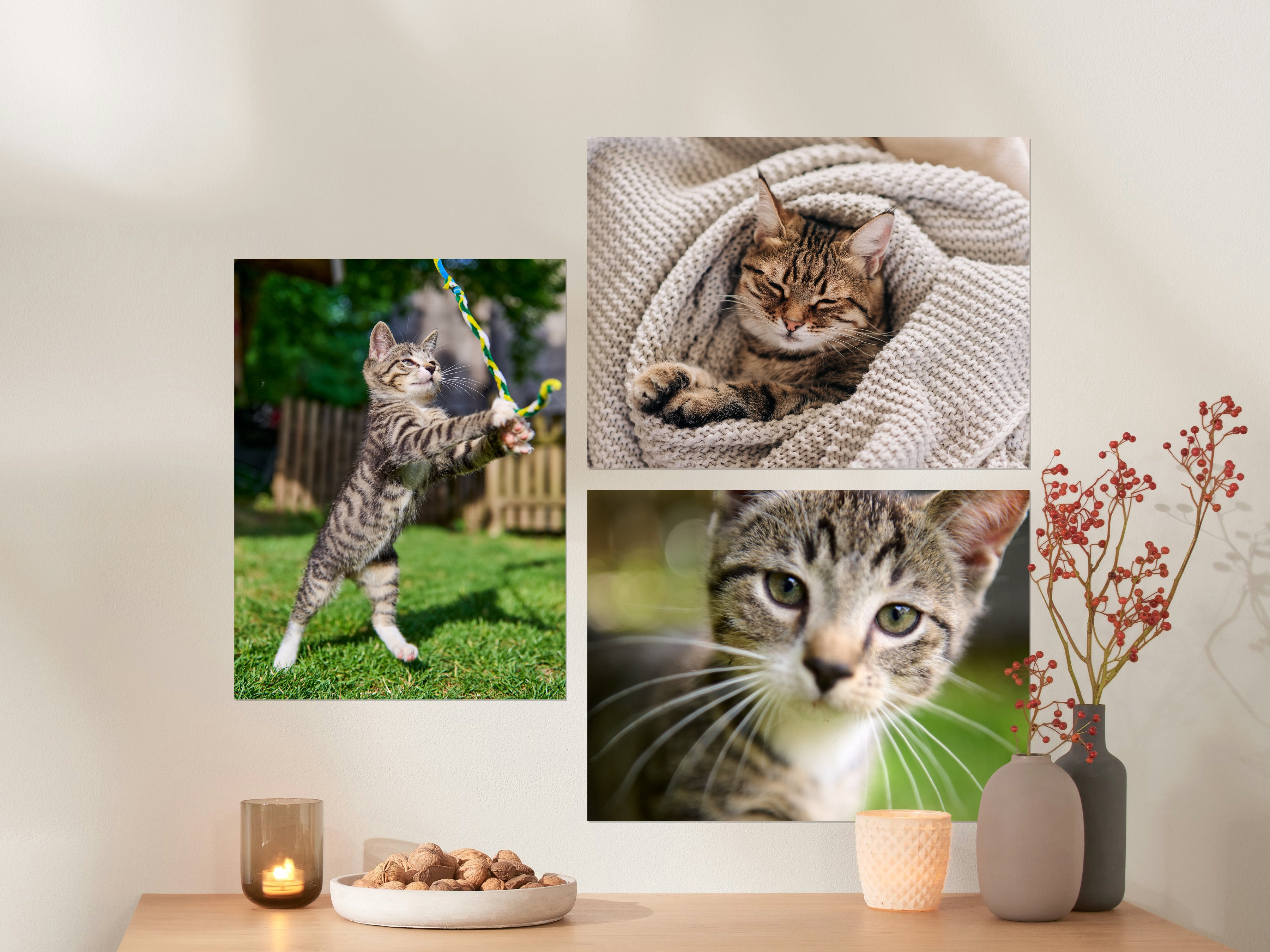 Drei Fotoposter im Format 30 x 40 cm an der Wand