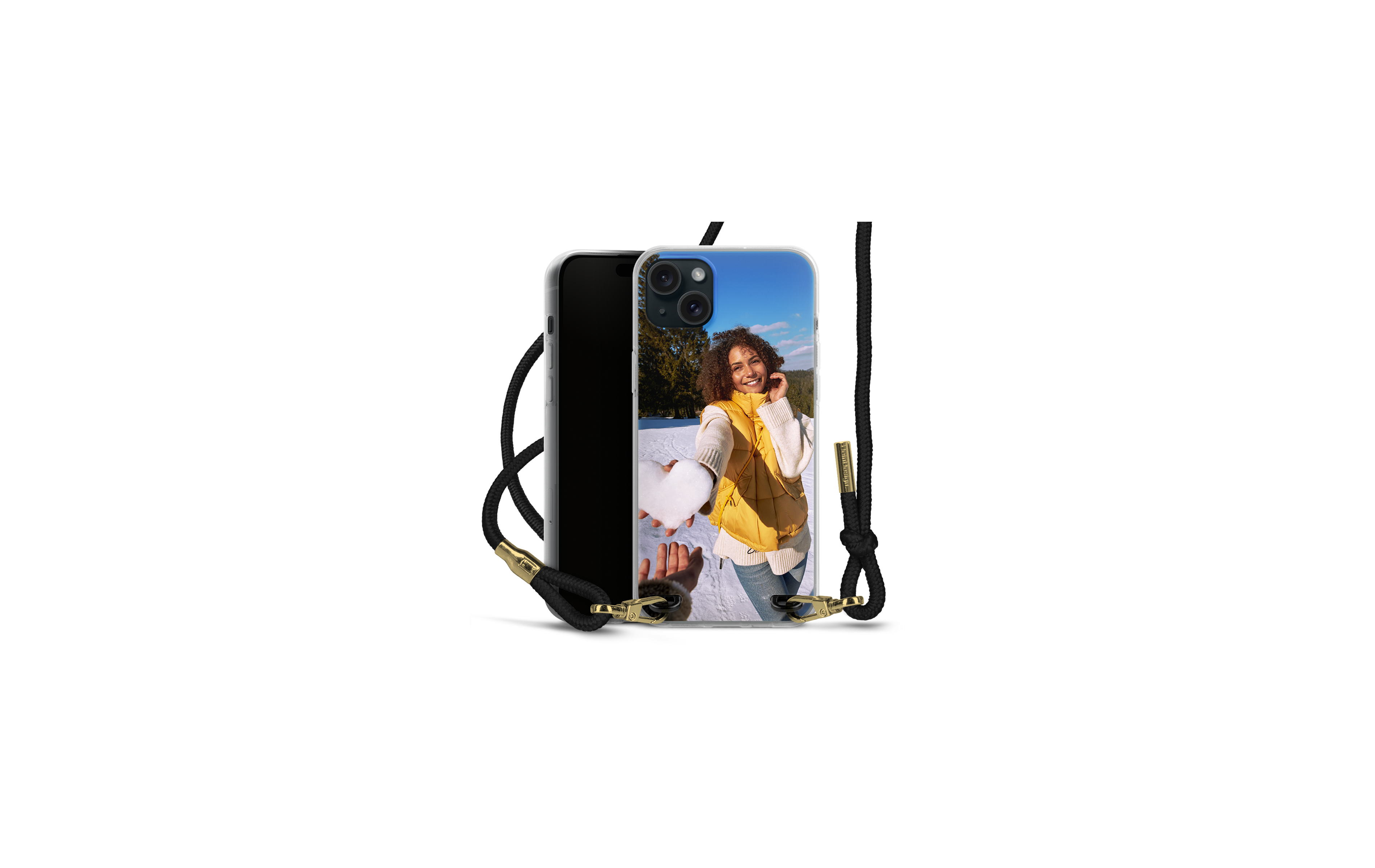 Coque avec cordon personnalisée avec une photo d'une femme dans la neige