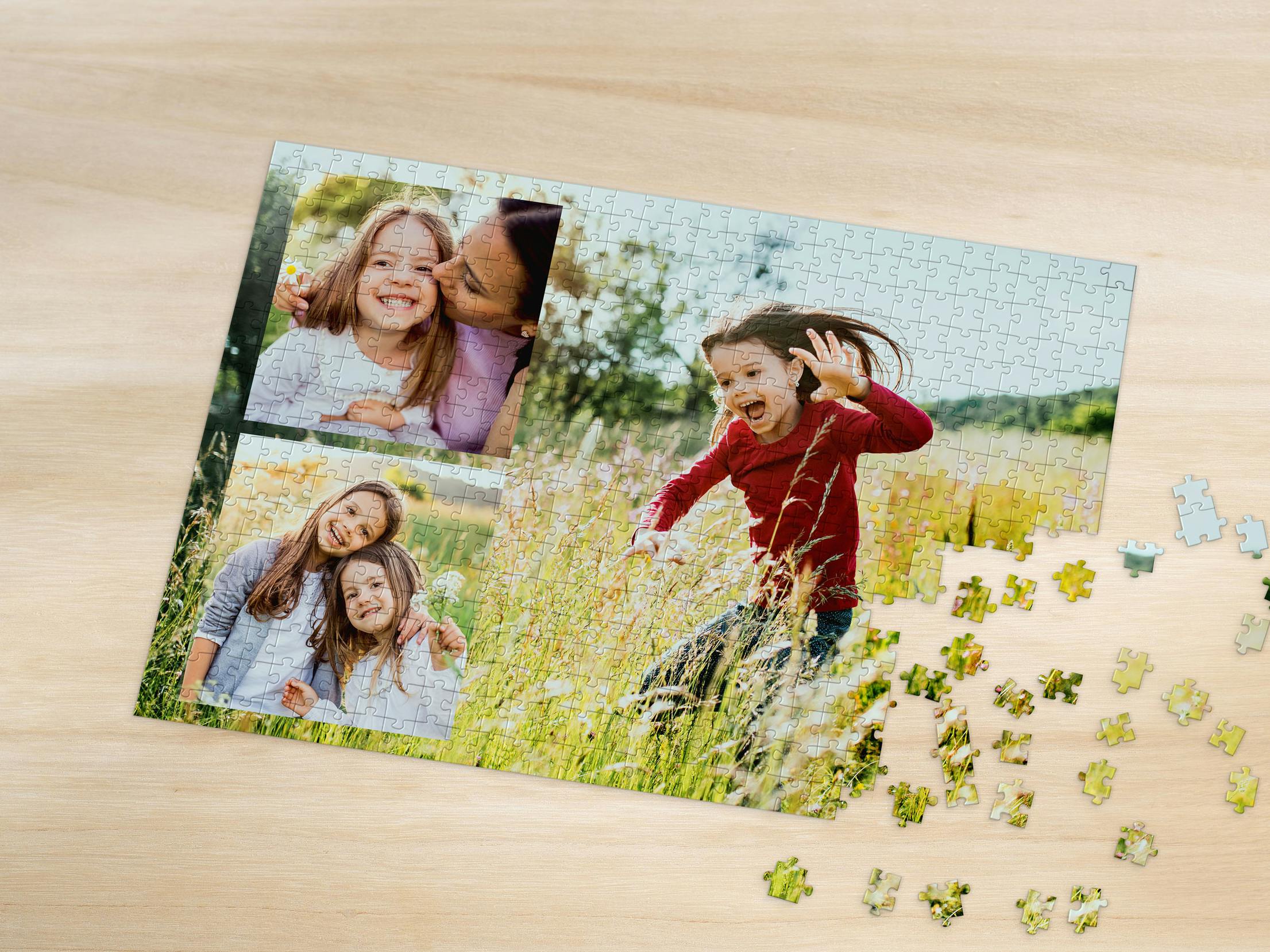 Fotopuzzel met collage aan meerdere familie foto's in de lente, op een tafel