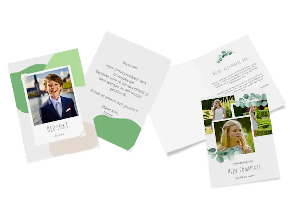 Twee communiekaartjes met foto liggen naast elkaar.