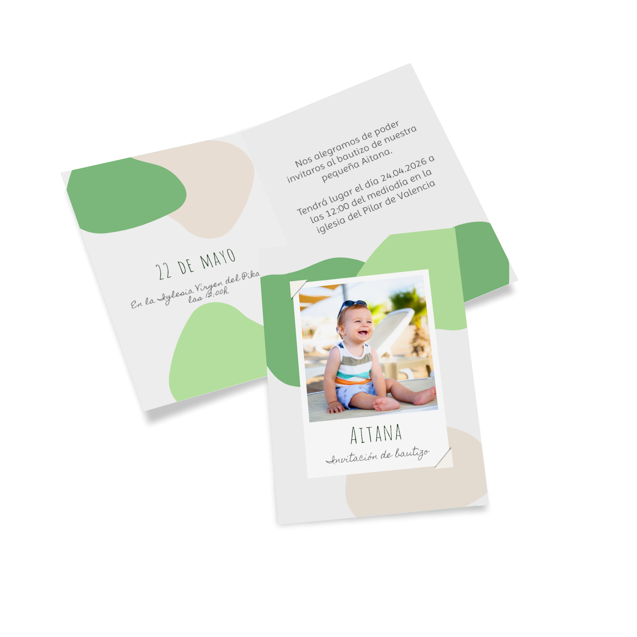 Invitación de bautizo personalizada con diseño, texto y fotos