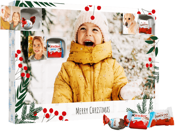 Video animation of an Advent calendar with kinder chocolate and photo doors with a photo of a girl in the snow