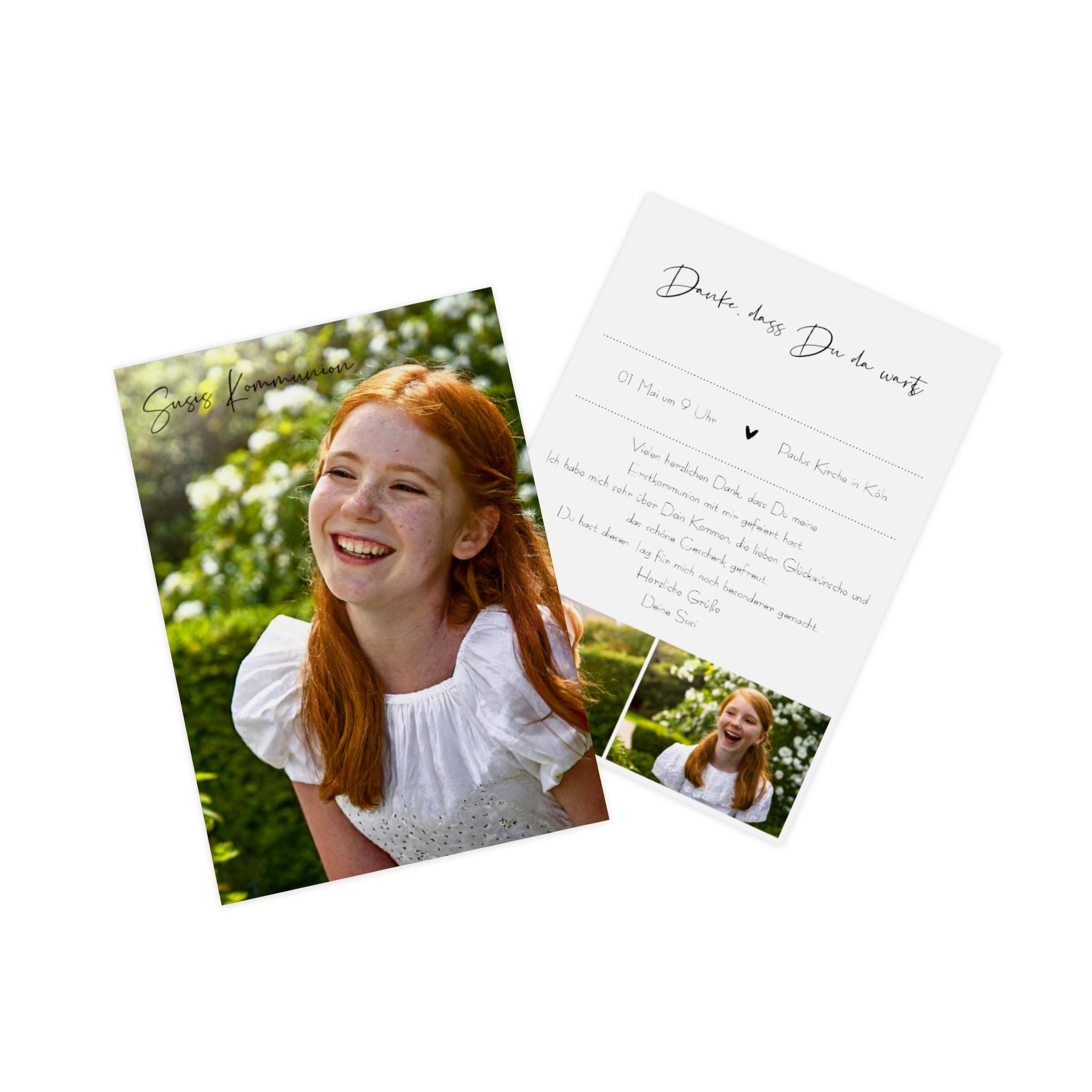 Danksagungskarte zur Kommunion mit dem Bild eines Mädchens auf der Vorderseite.