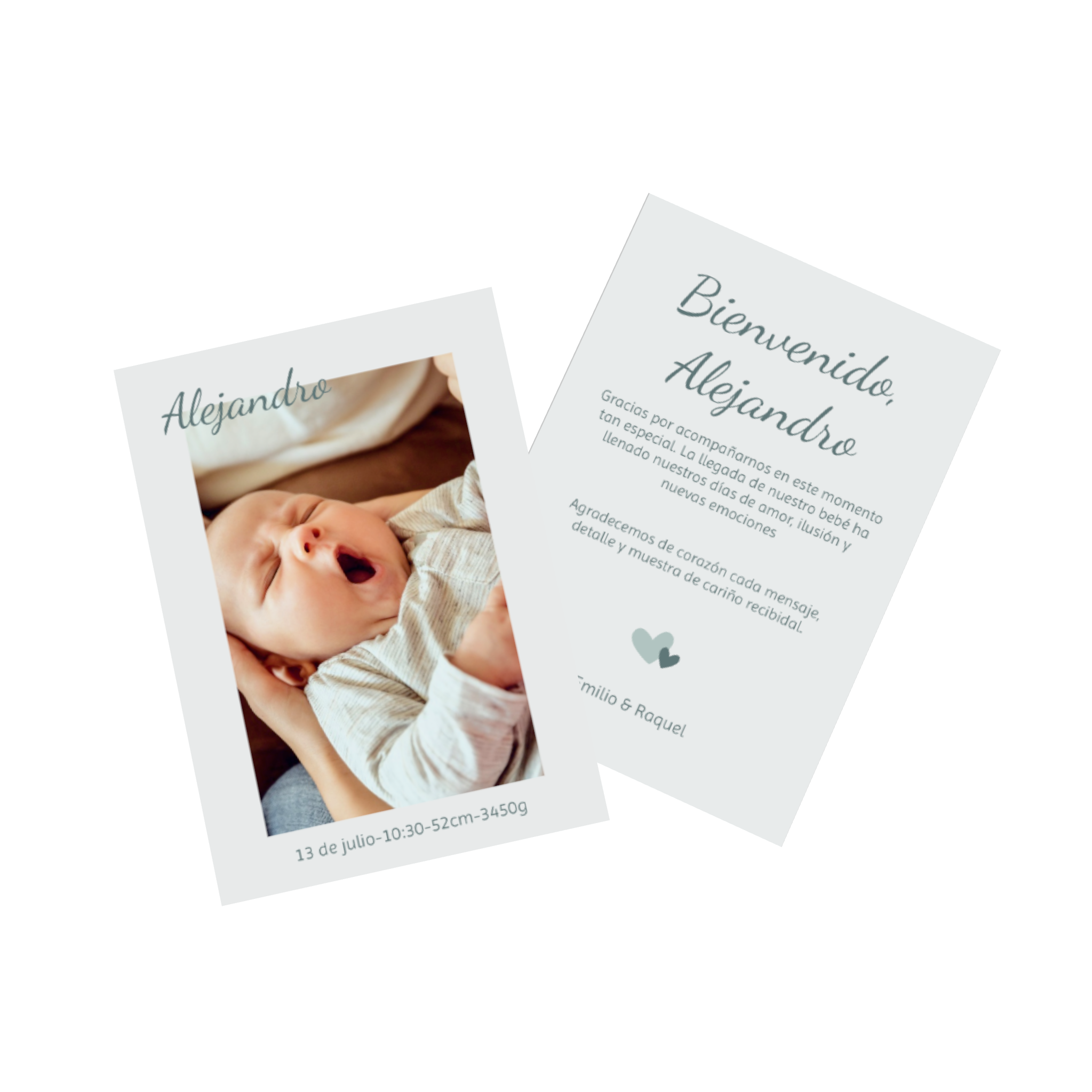 Tarjeta con foto de nacimiento con información sobre el nacimiento y fotos familiares