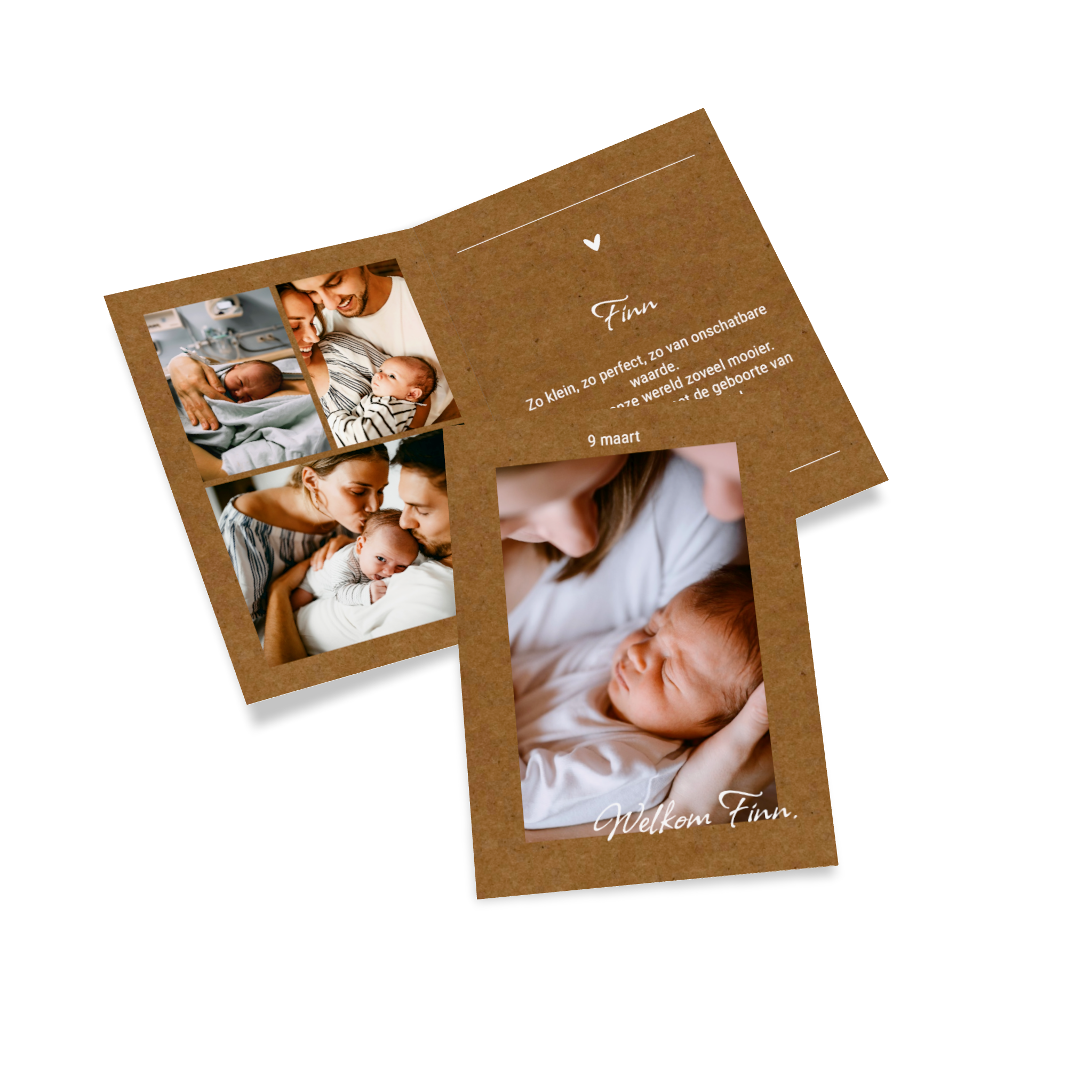 Geboortekaartje met familiefoto en informatie over de geboorte.