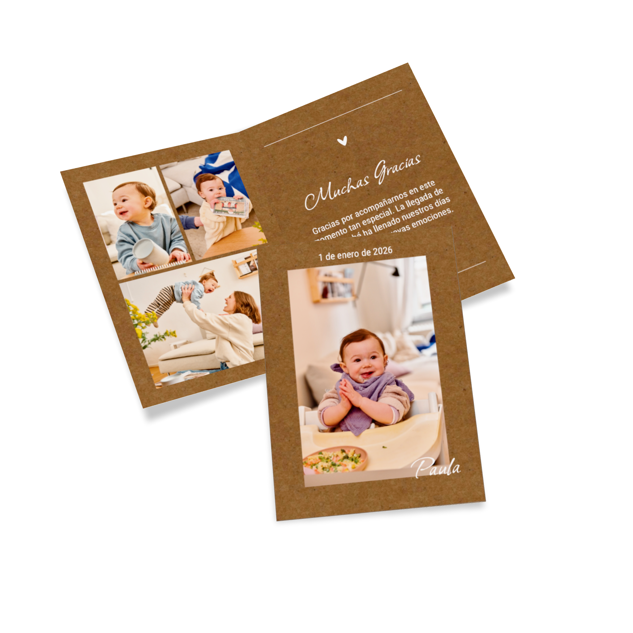 Tarjeta con foto de nacimiento con información sobre el nacimiento y fotos familiares