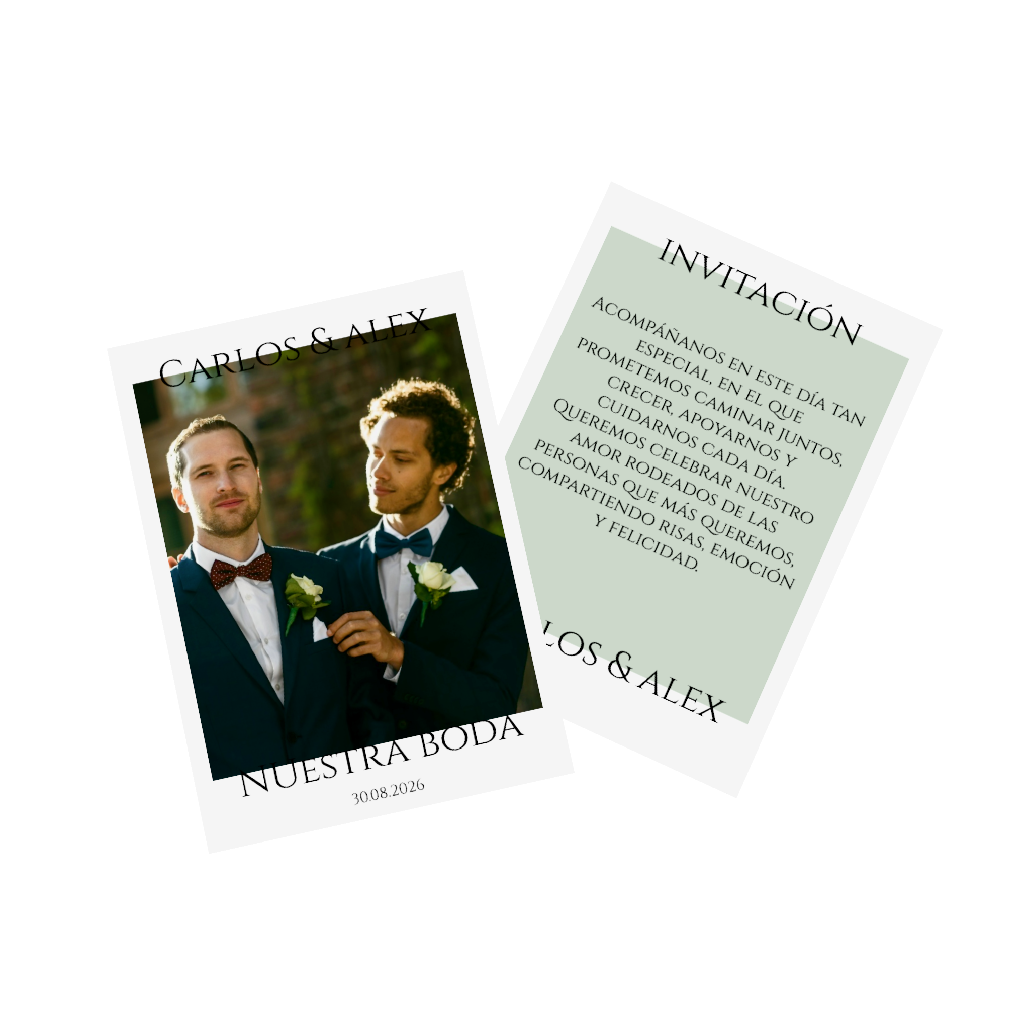 Tarjeta como invitación de boda personalizada con texto y una foto de la pareja