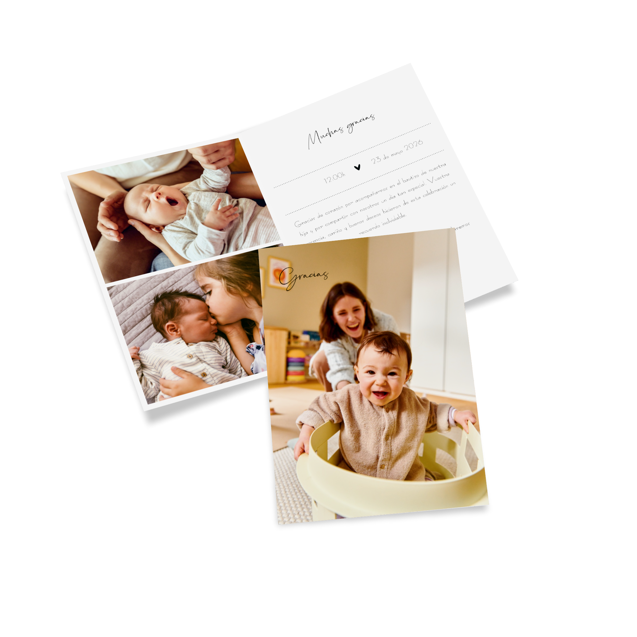 Una tarjeta plegable decorada con fotos y textos como agradecimiento por un bautizo