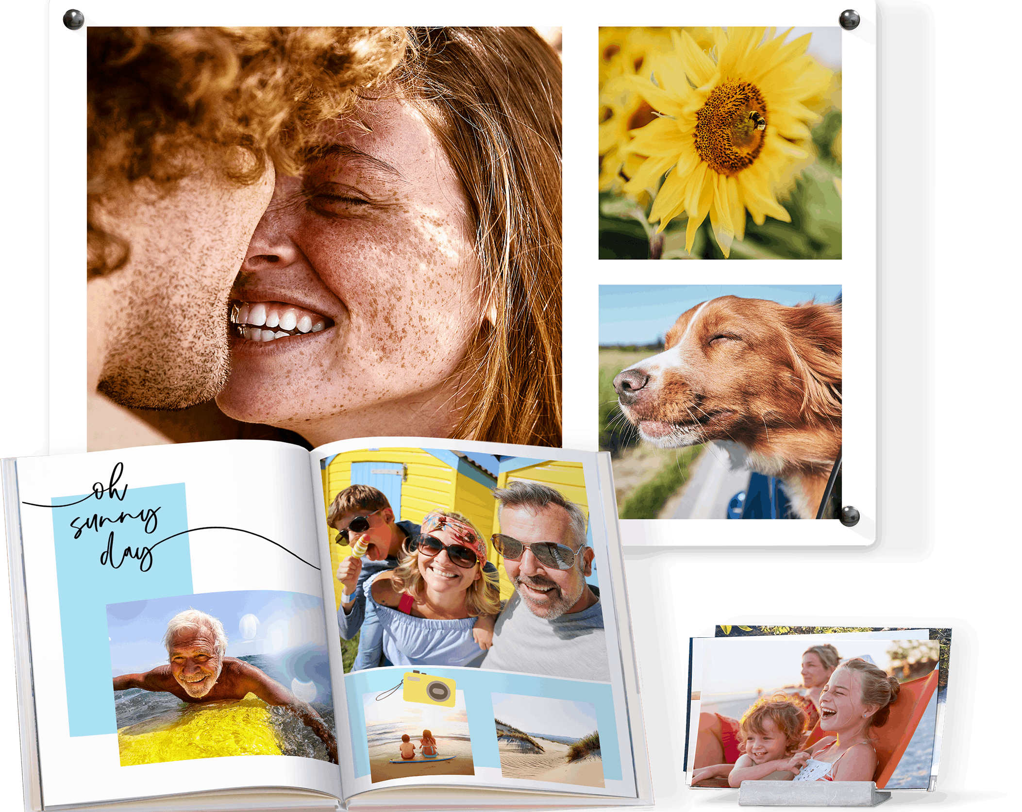 Mix van een fotoboek, wanddecoratie en fotoafdrukken met vakantiefoto's