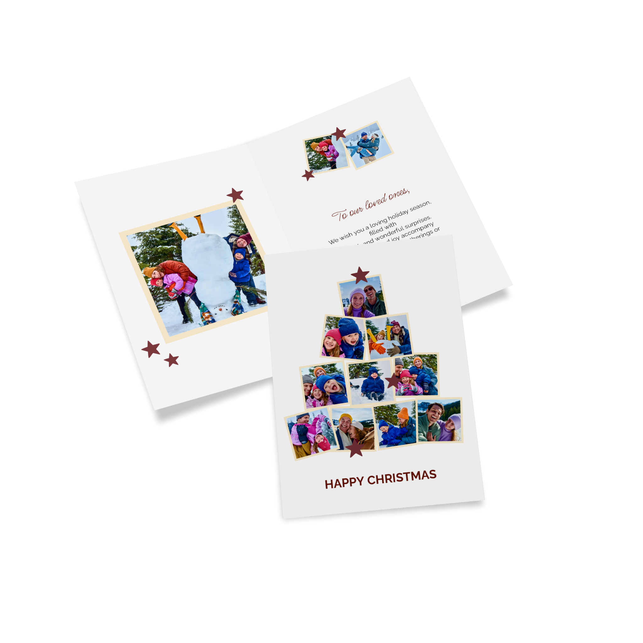Kerstkaarten met vouw en familiefoto's in de vorm van een kerstboom.