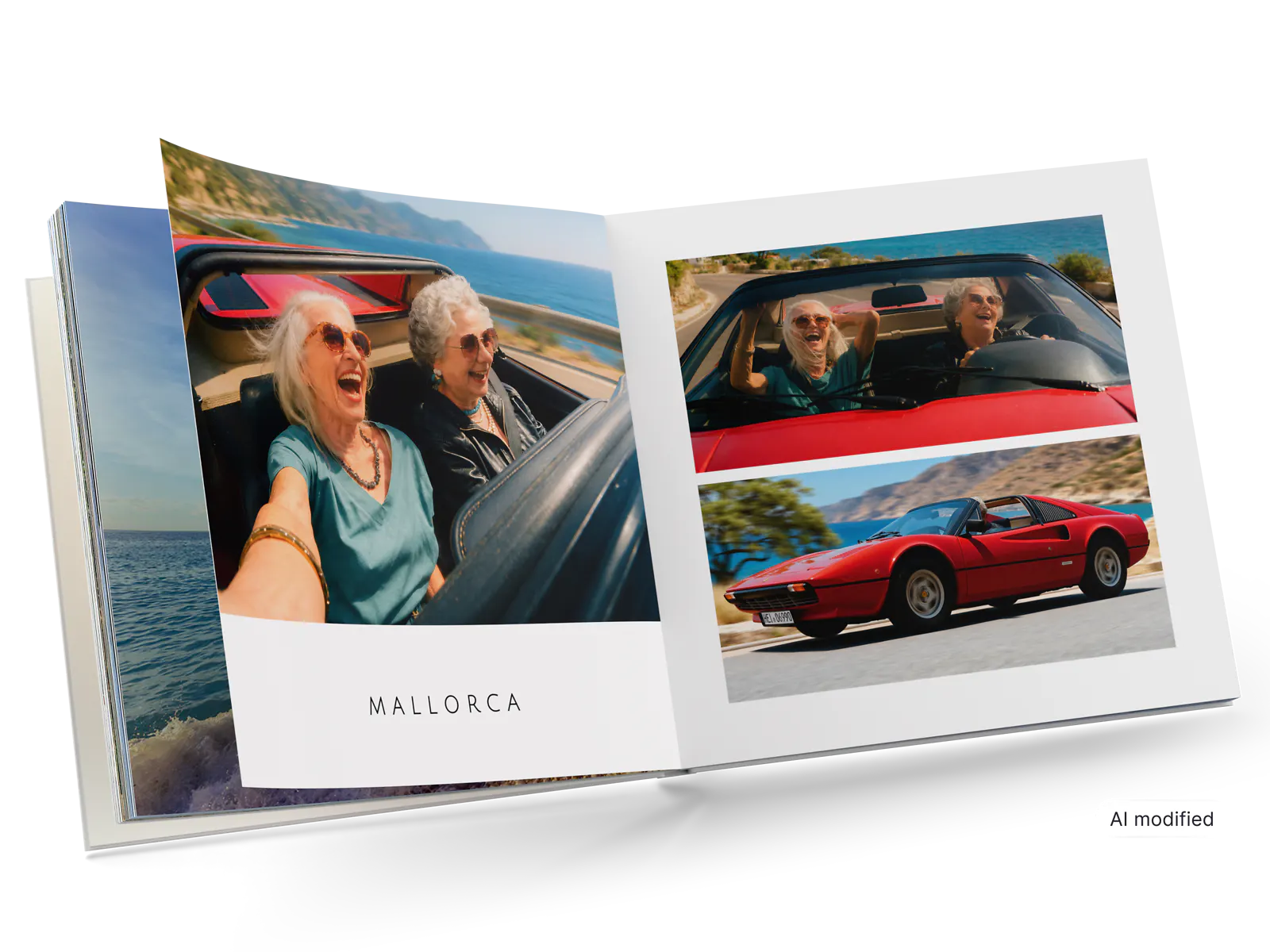 Aufgeschlagenes Fotobuch mit Urlaubsfotos von Oma Erna im roten Ferrari 