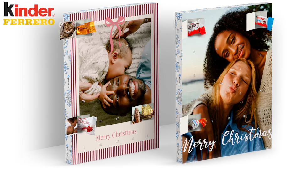 Foto Adventskalender mit Schokolade und kreativem Weihnachtsdesign