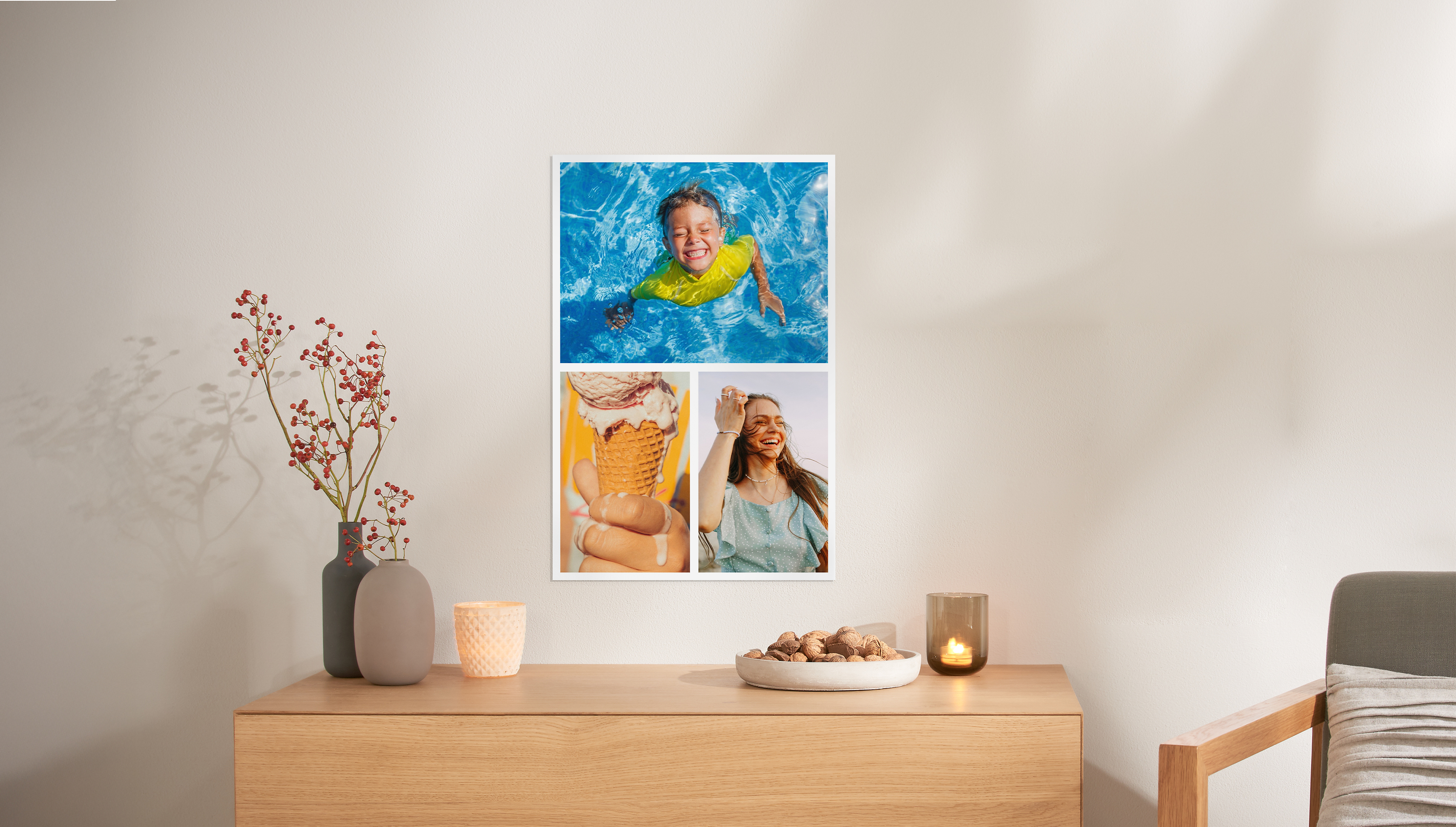 Sobre una cómoda cuelga un póster con un collage de fotos familiares.