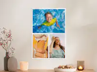 Póster fotográfico con un collage de fotos familiares Sobre una cómoda cuelga un póster con un collage de fotos familiares.