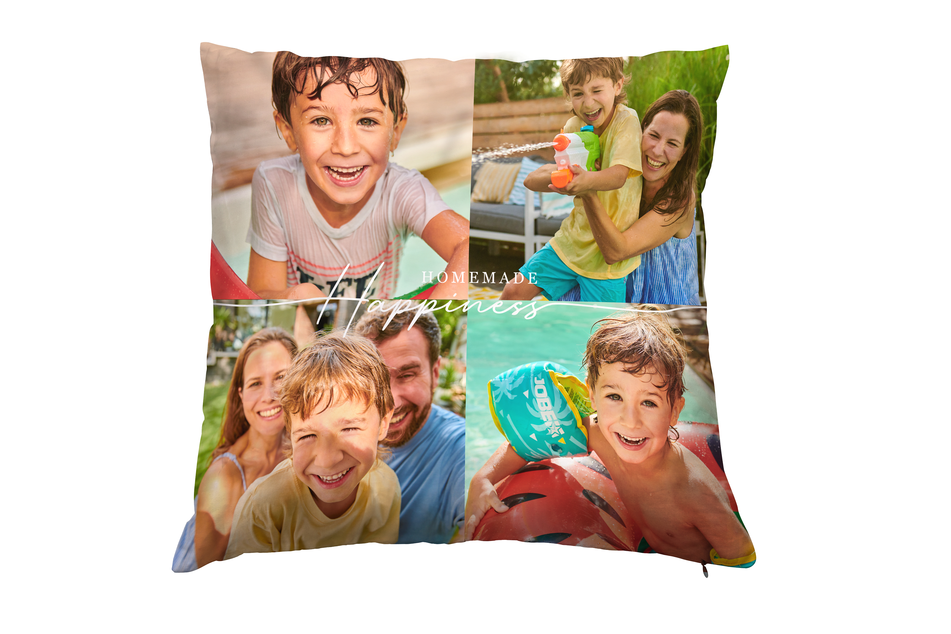 Fotokissen mit 4 Familien-Fotos und Design.