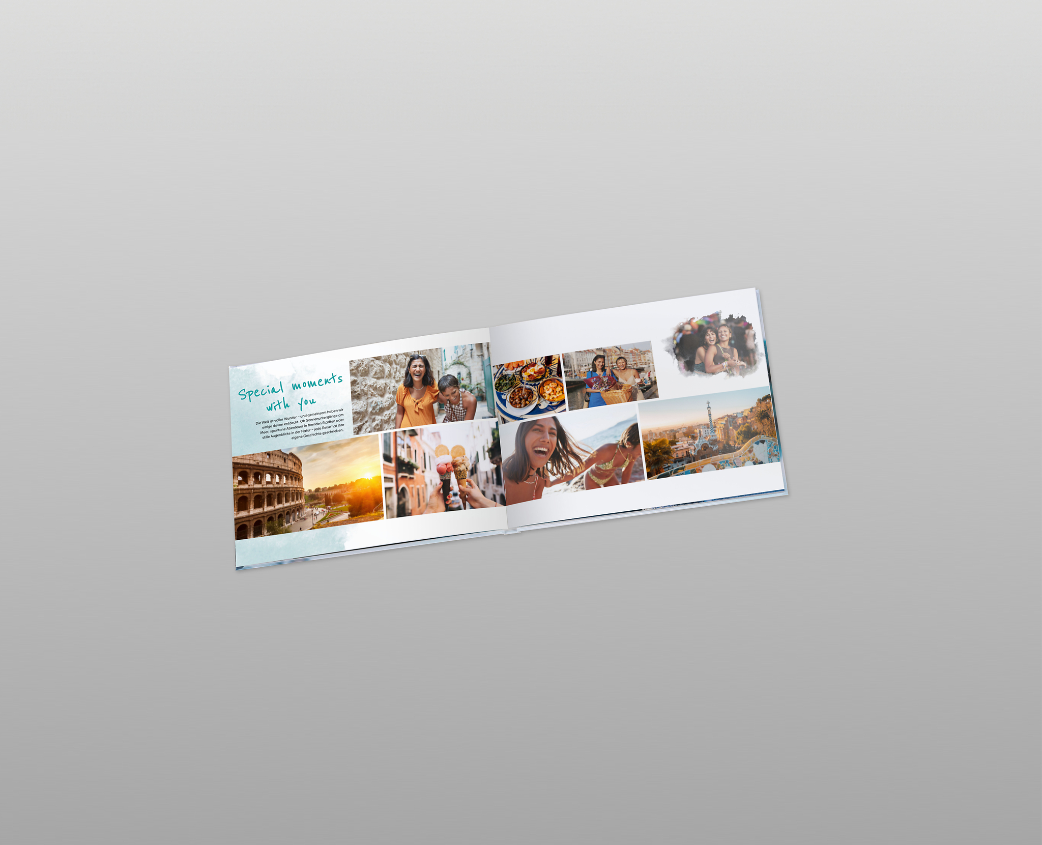 Aufgeschlagenes Fotobuch mit Fotos von Freundinnen auf einer Reise und einem kurzen Erinnerungstext.