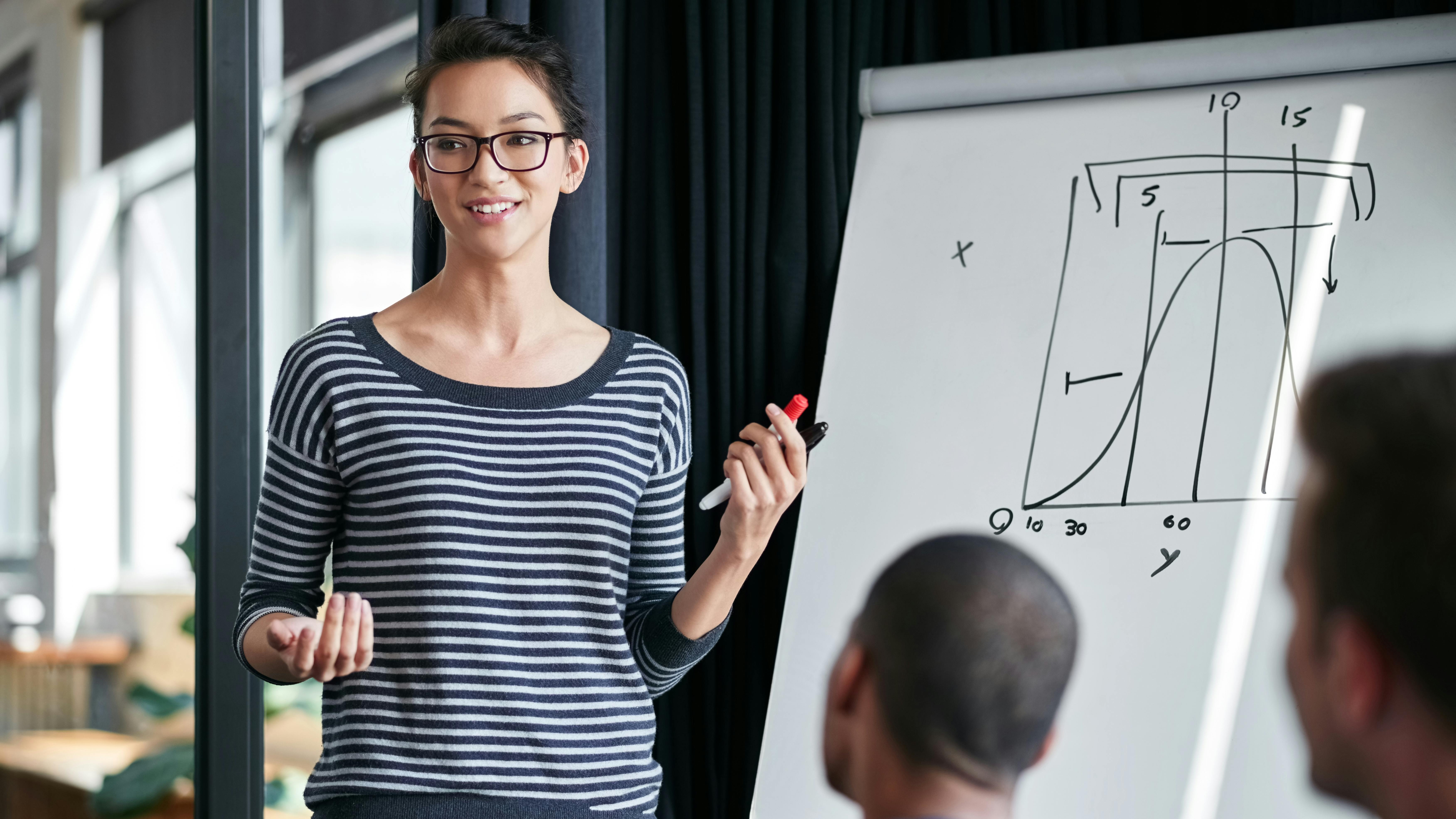 img_unternehmen_bewerbungsratgeber_woman-presentation Bild einer Frau, die vor einem Whiteboard eine Präsentation hält