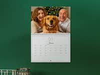 Pixum Fotokalender A4-klapkalender met een foto van een stel met een hond op een groene muur