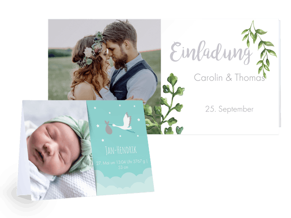 Grusskarten-Mix mit Foto-Babykarte und Foto-Hochzeitseinladung als Freisteller