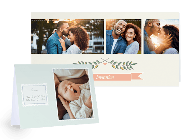 Grusskarten-Mix mit Foto-Babykarte und Foto-Hochzeitseinladung als Freisteller