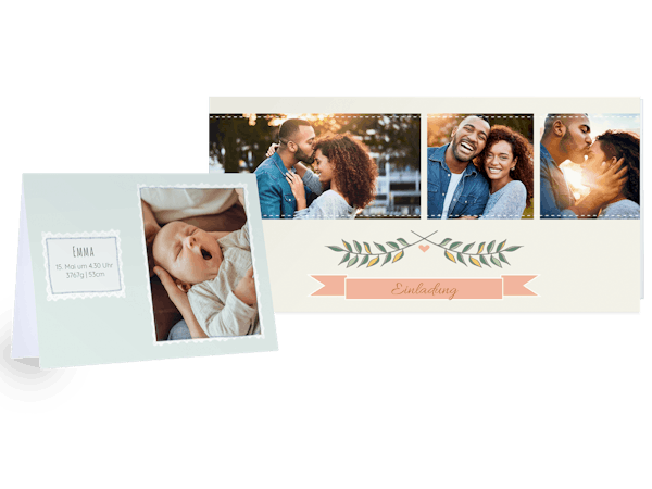 Grußkarten-Mix mit Foto-Babykarte und Foto-Hochzeitseinladung als Freisteller