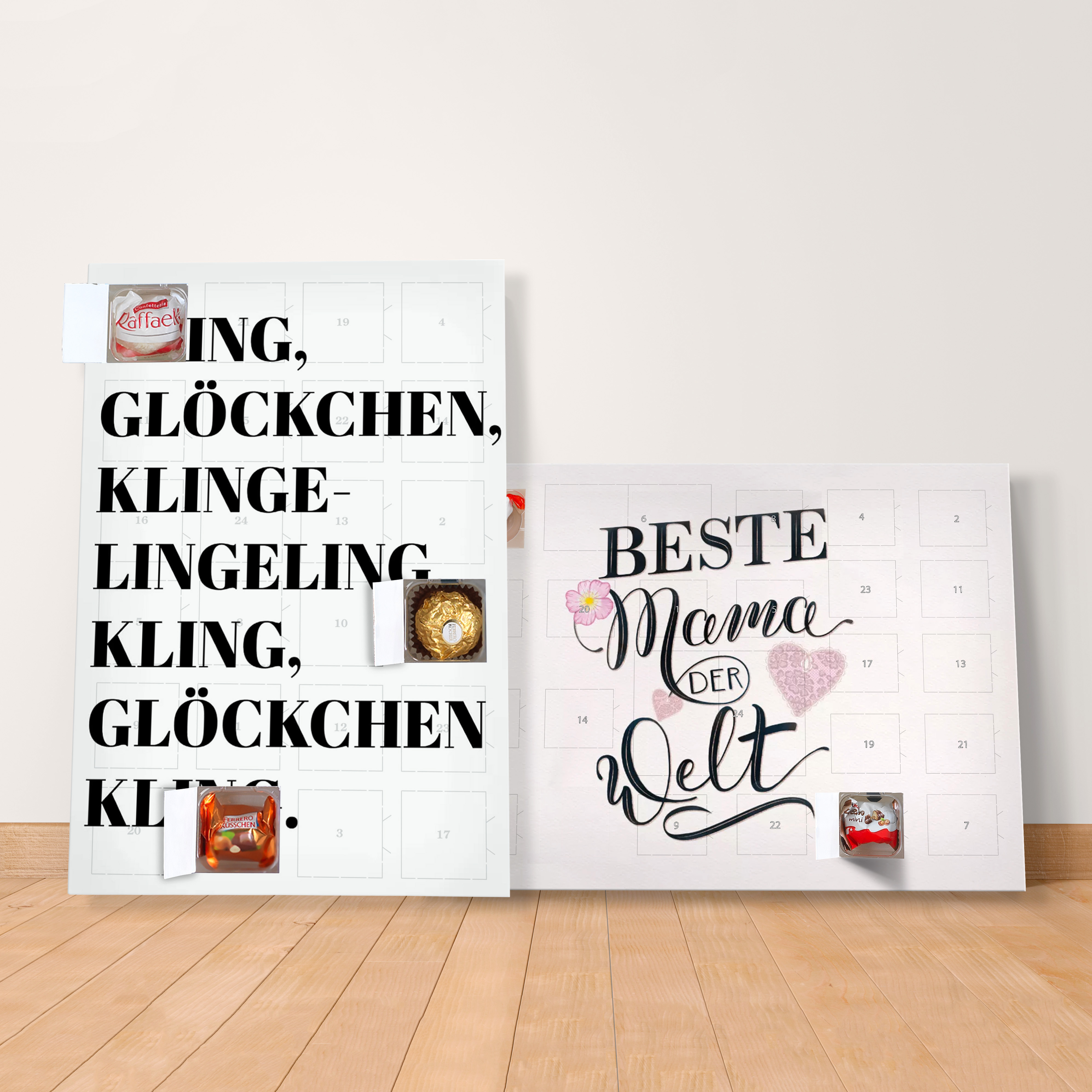 Foto-Adventskalender mit Schokolade von Kinder und Ferrero Pralinen mit künstlerischen Desigsn im Ambiente