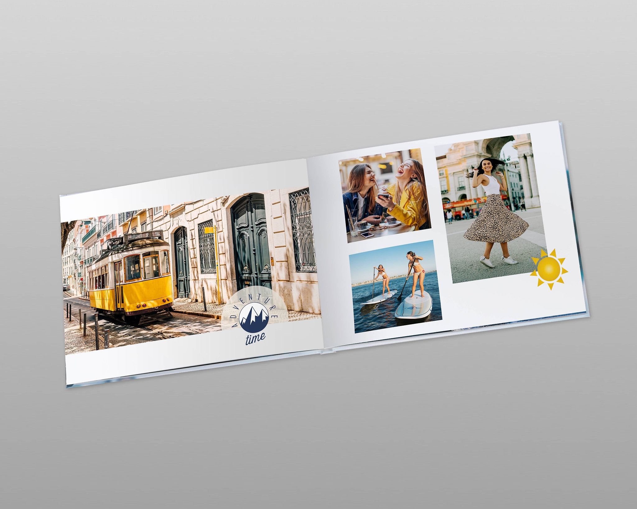 Ein aufgeschlagenes Reisefotobuch mit Designvorlage und Bildern aus Barcelona.