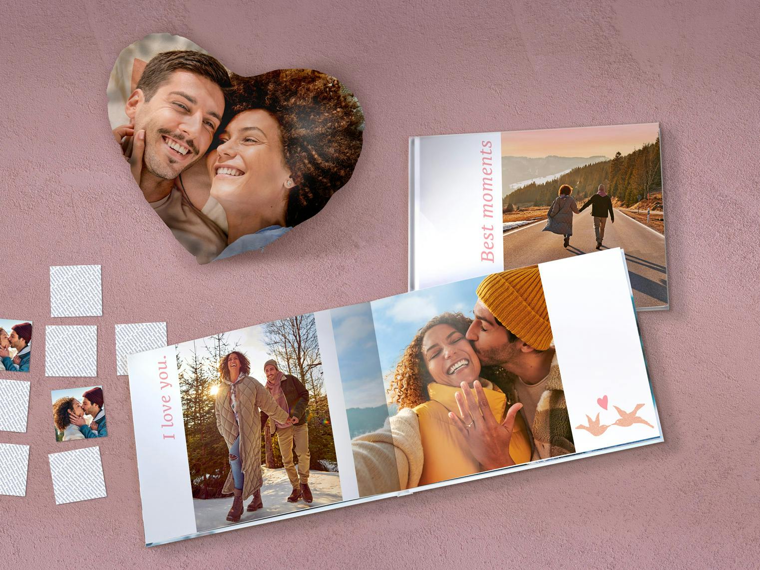 Produktmix zur Hochzeit mit Fotobuch, Foto-Herzkissen und Foto-Memo
