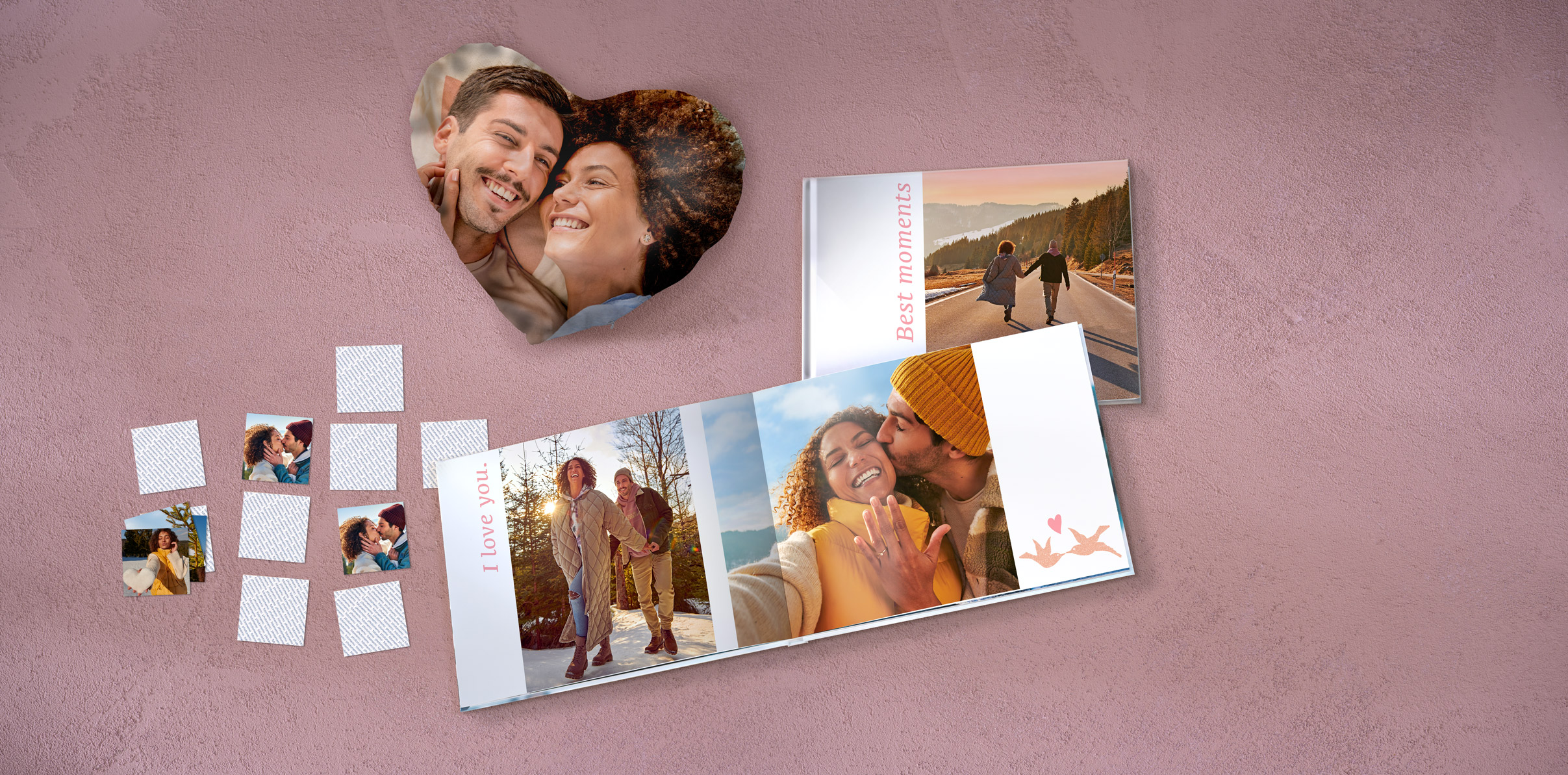 Productmix voor bruiloften met een fotoboek, hartvormig fotokussen en foto-memo