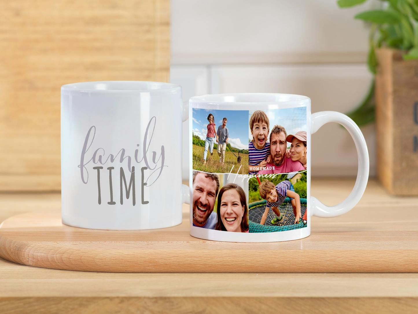 Zwei Fototassen mit einem Familienfoto und einem kreativen Design