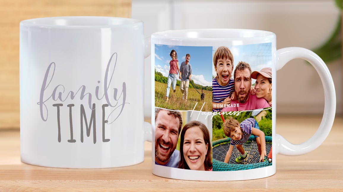 Deux tasses et mugs photo avec photo de famille et un design