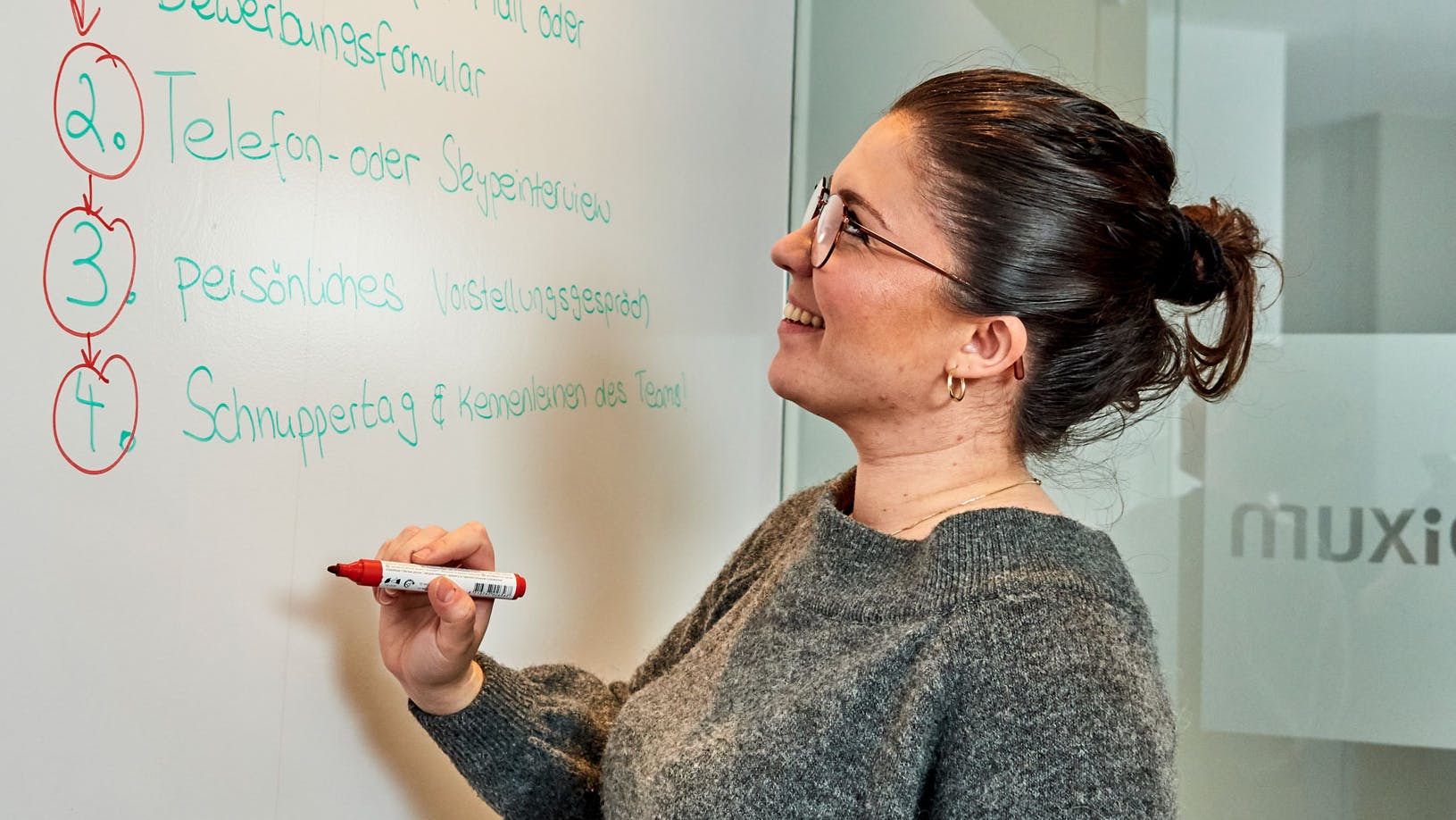 img_unternehmen_bewerbungsratgeber_bewerbungsfoto_ncu-bewerbung-whiteboard Mitarbeiterin notiert Punkte auf einem Whiteboard