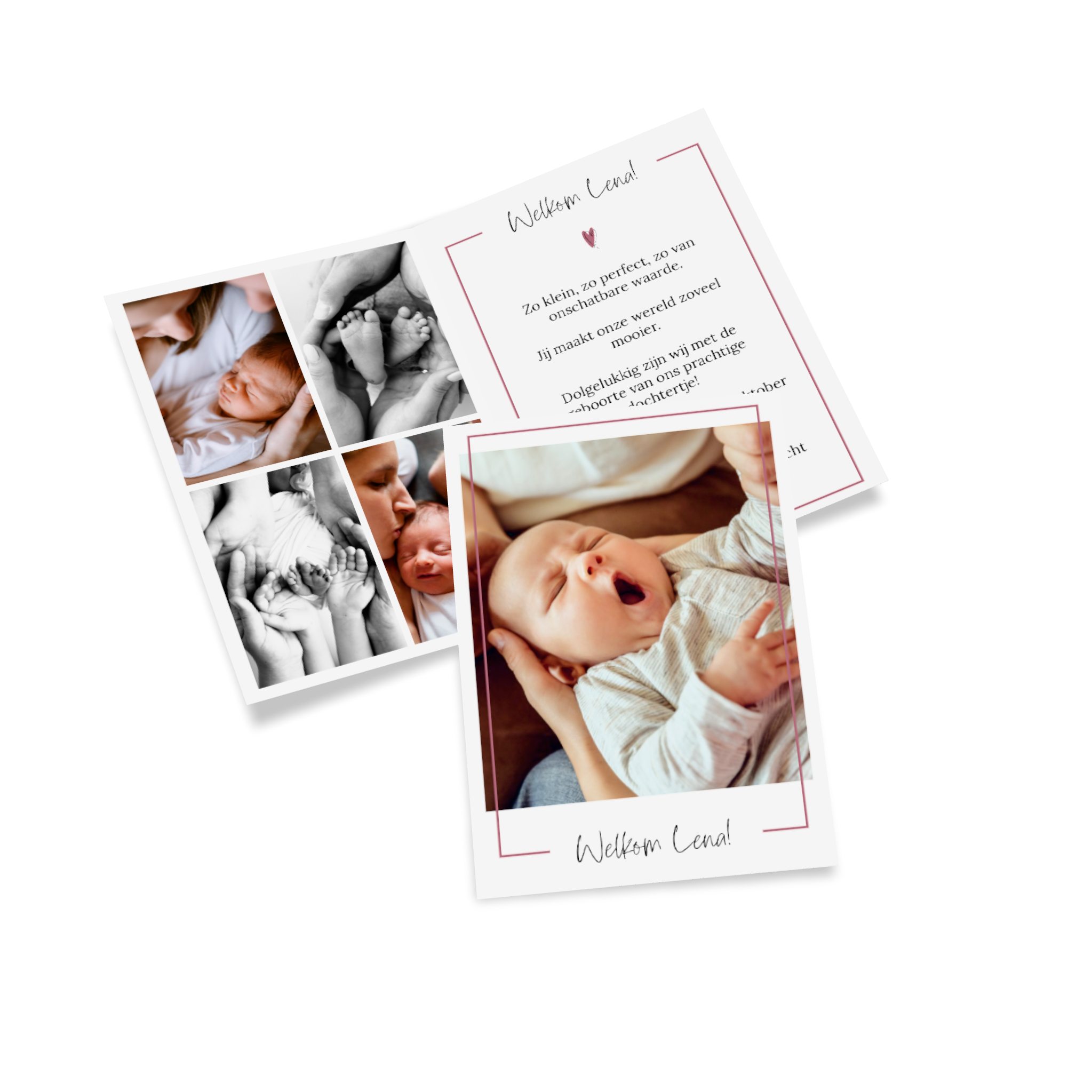 Geboortekaartje met tekst en babyfoto.