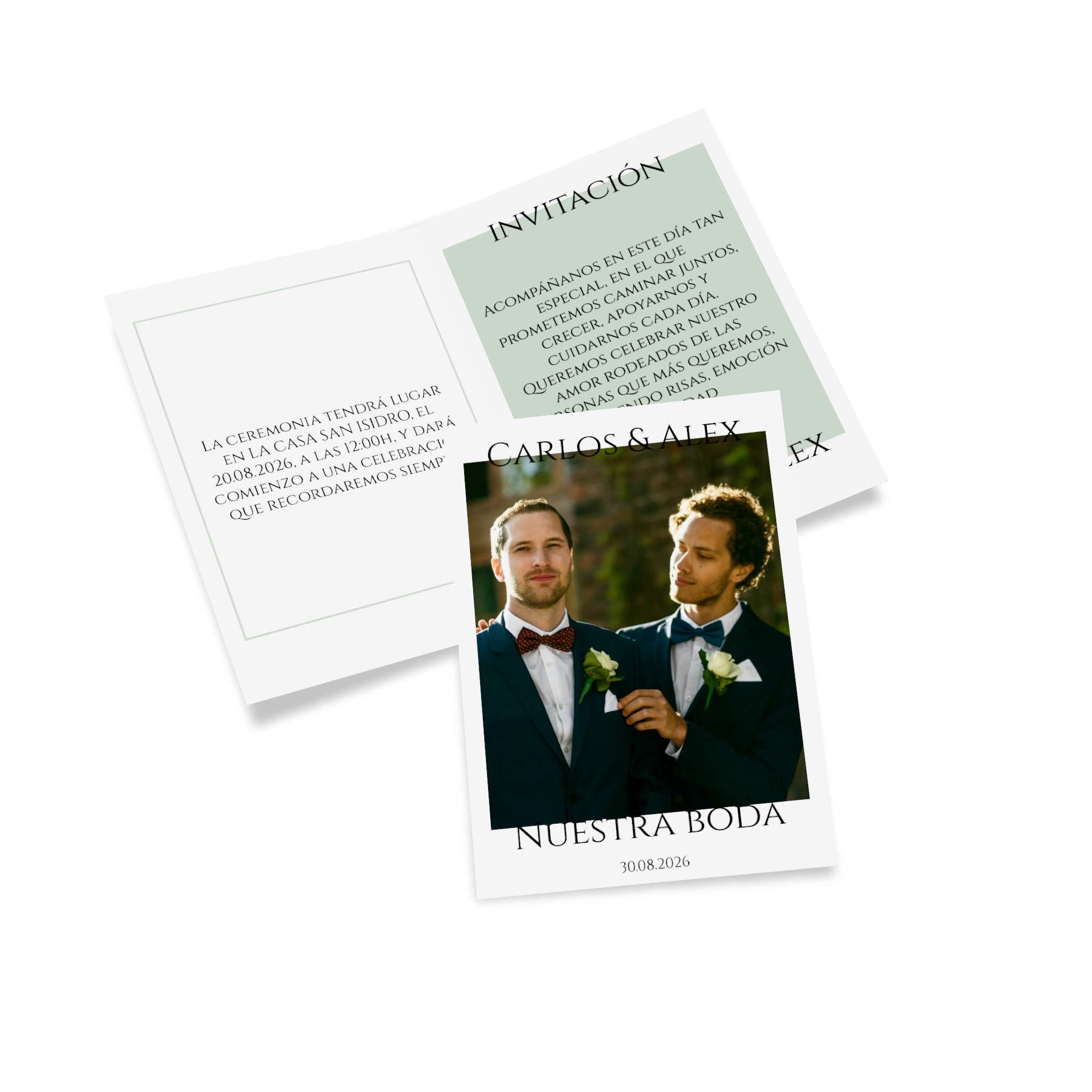 Tarjeta plegable como invitación de boda personalizada con texto y la foto de la pareja