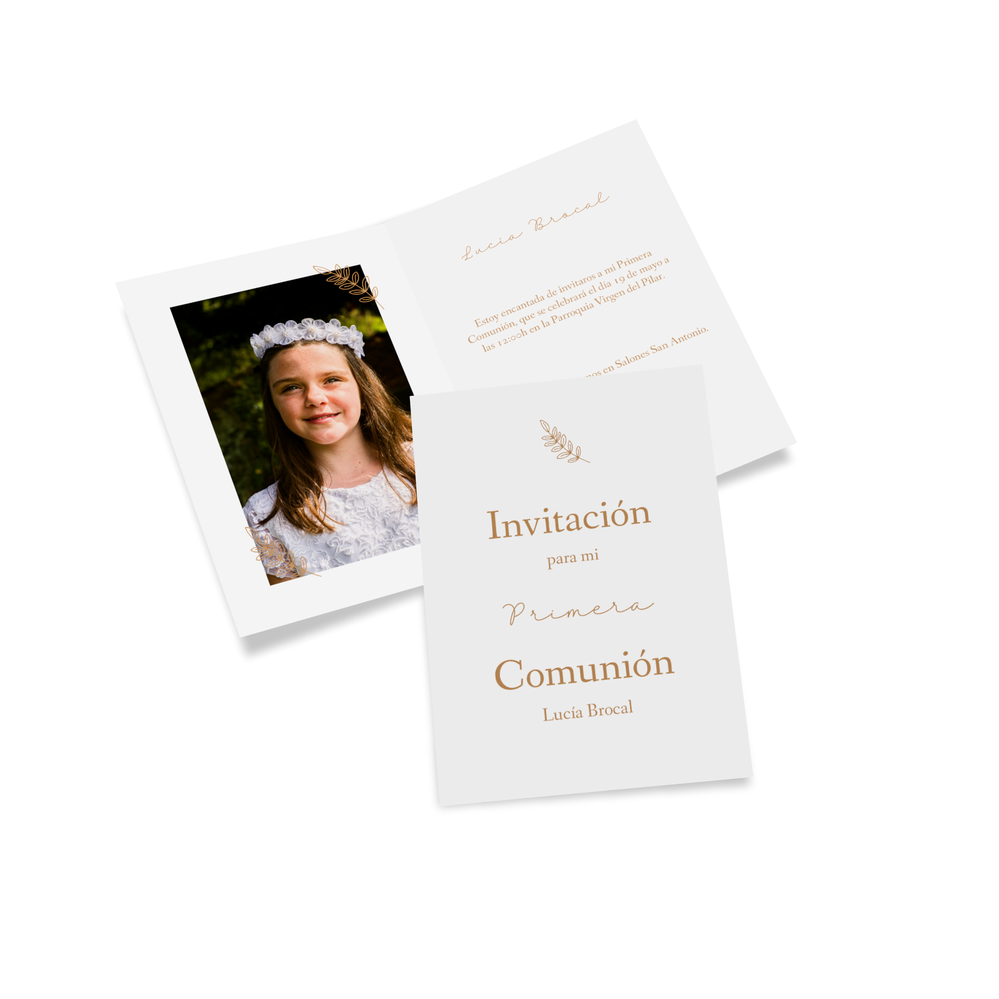 Tarjeta plegable como tarjeta de invitación de comunión con la foto de una niña