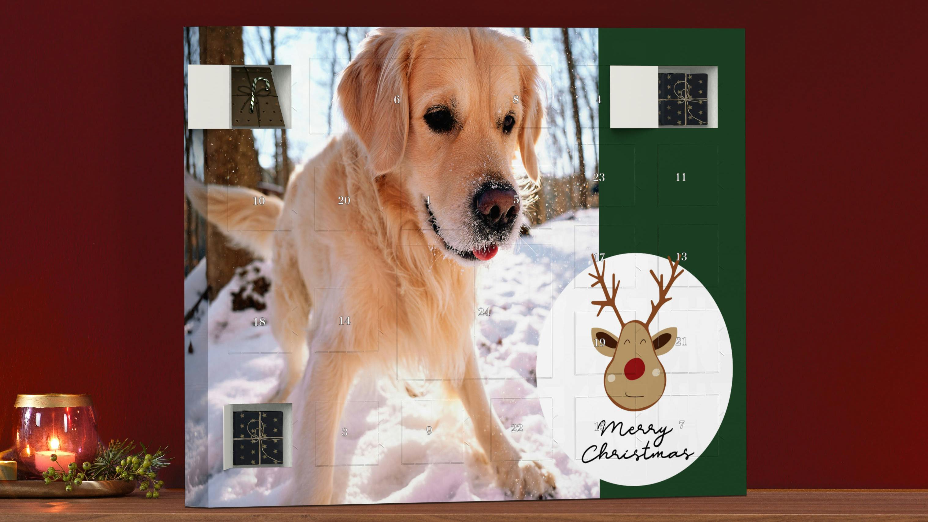 Photo Advent Calendar to fill yourself in landsccape format wit an image of a dog in a Christmas setting