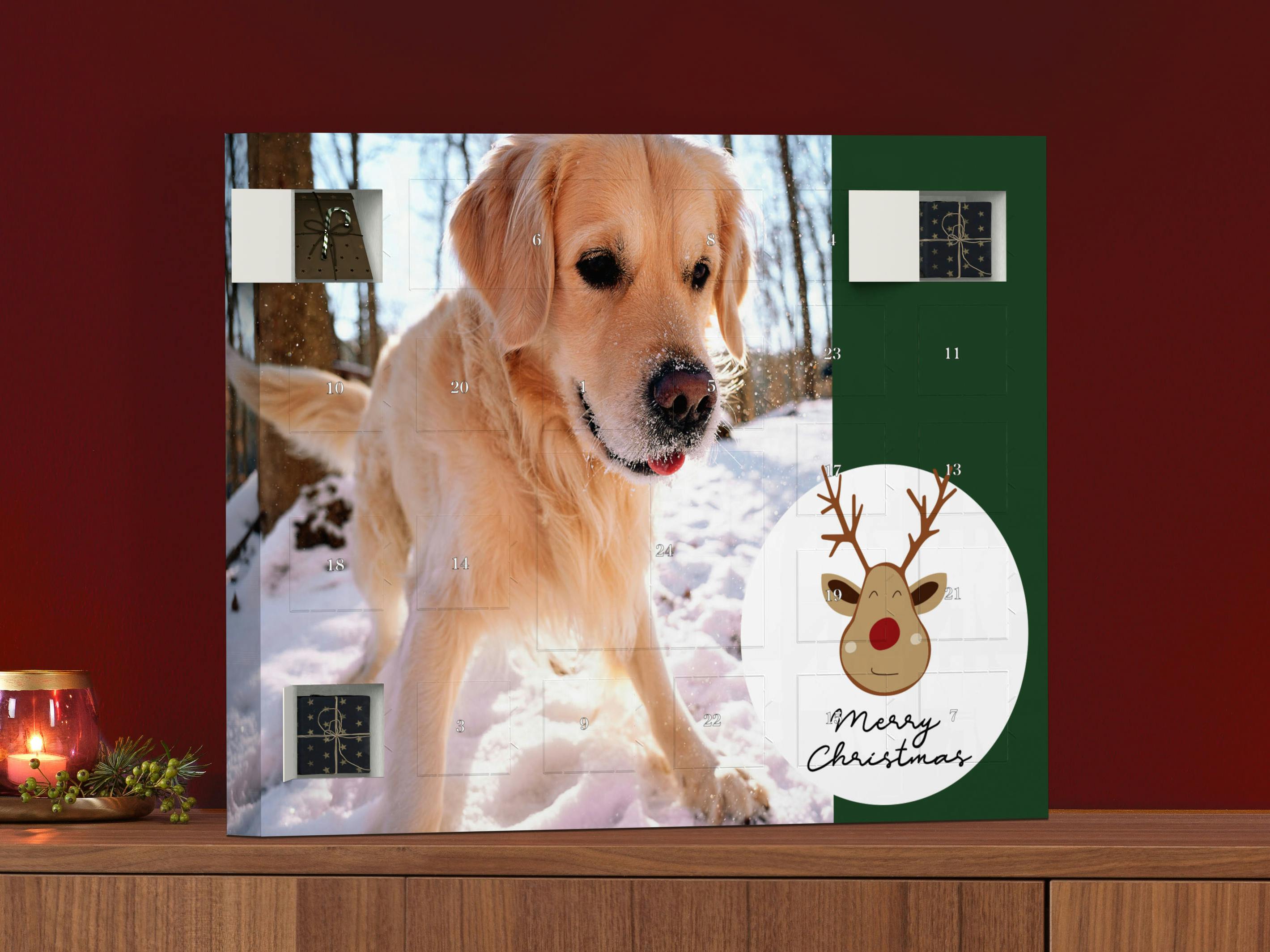 Photo Advent Calendar to fill yourself in landsccape format wit an image of a dog in a Christmas setting