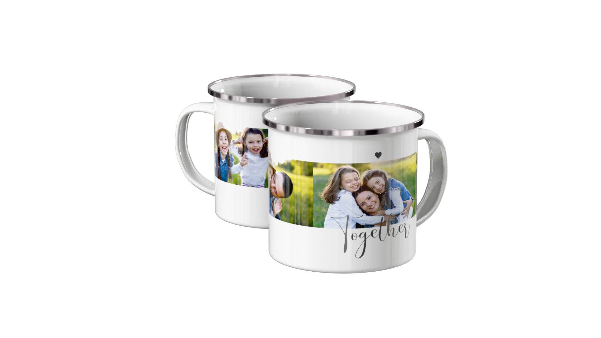 Taza de metal esmaltado con collage con dos fotos familiares