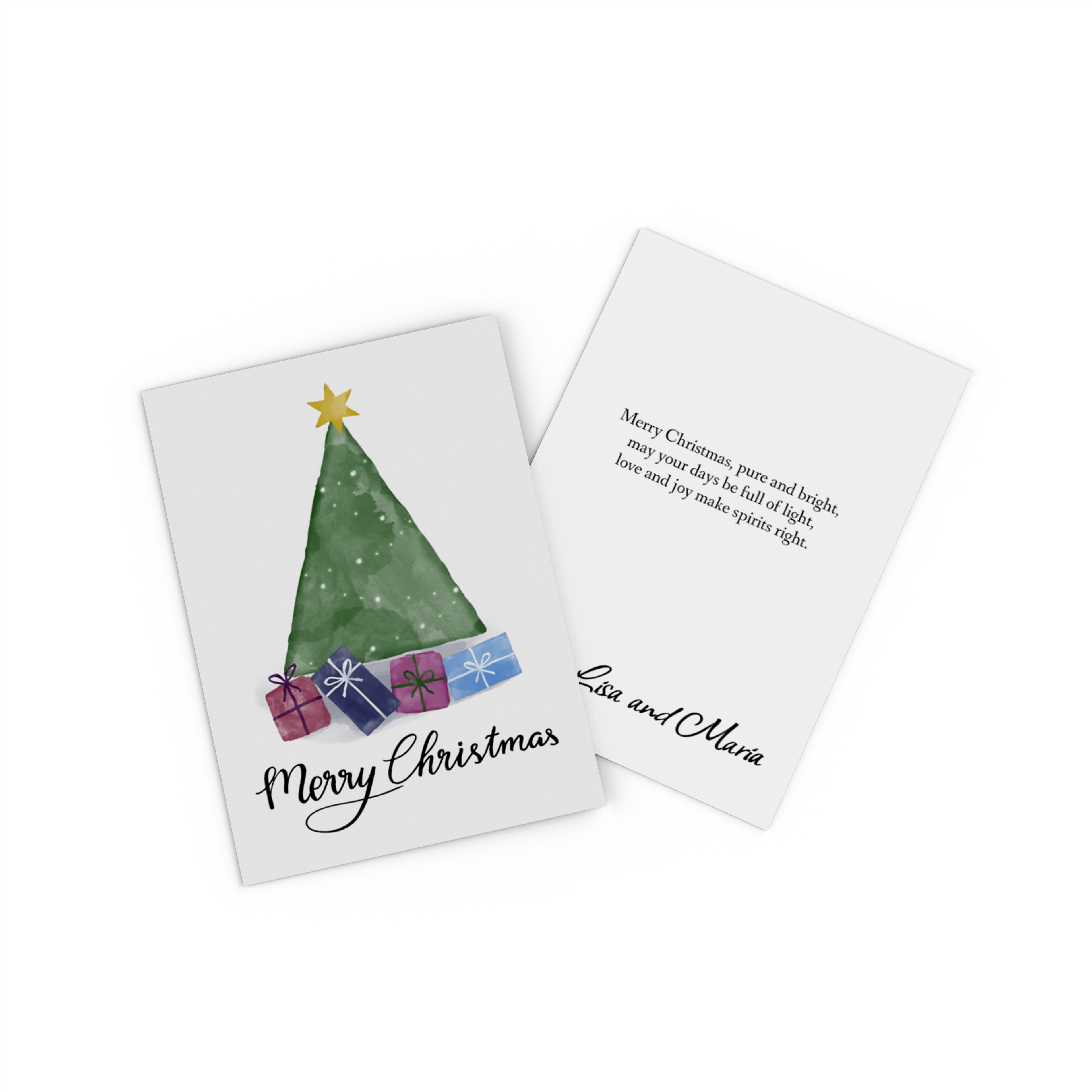 Carte de Noël avec un sapin et un message personnalisé.