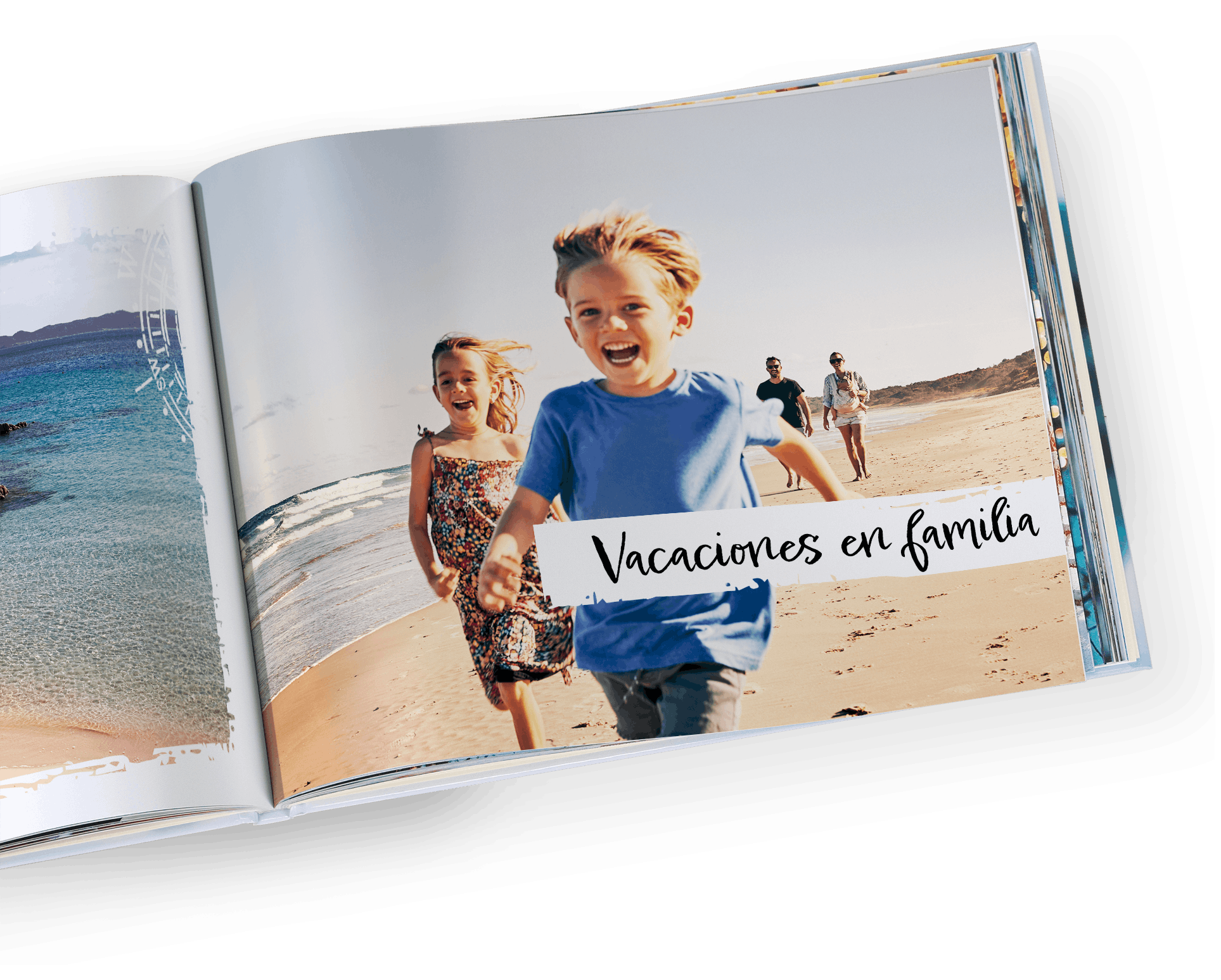 Álbum de fotos personalizado panorámico con niños que corren en la playa