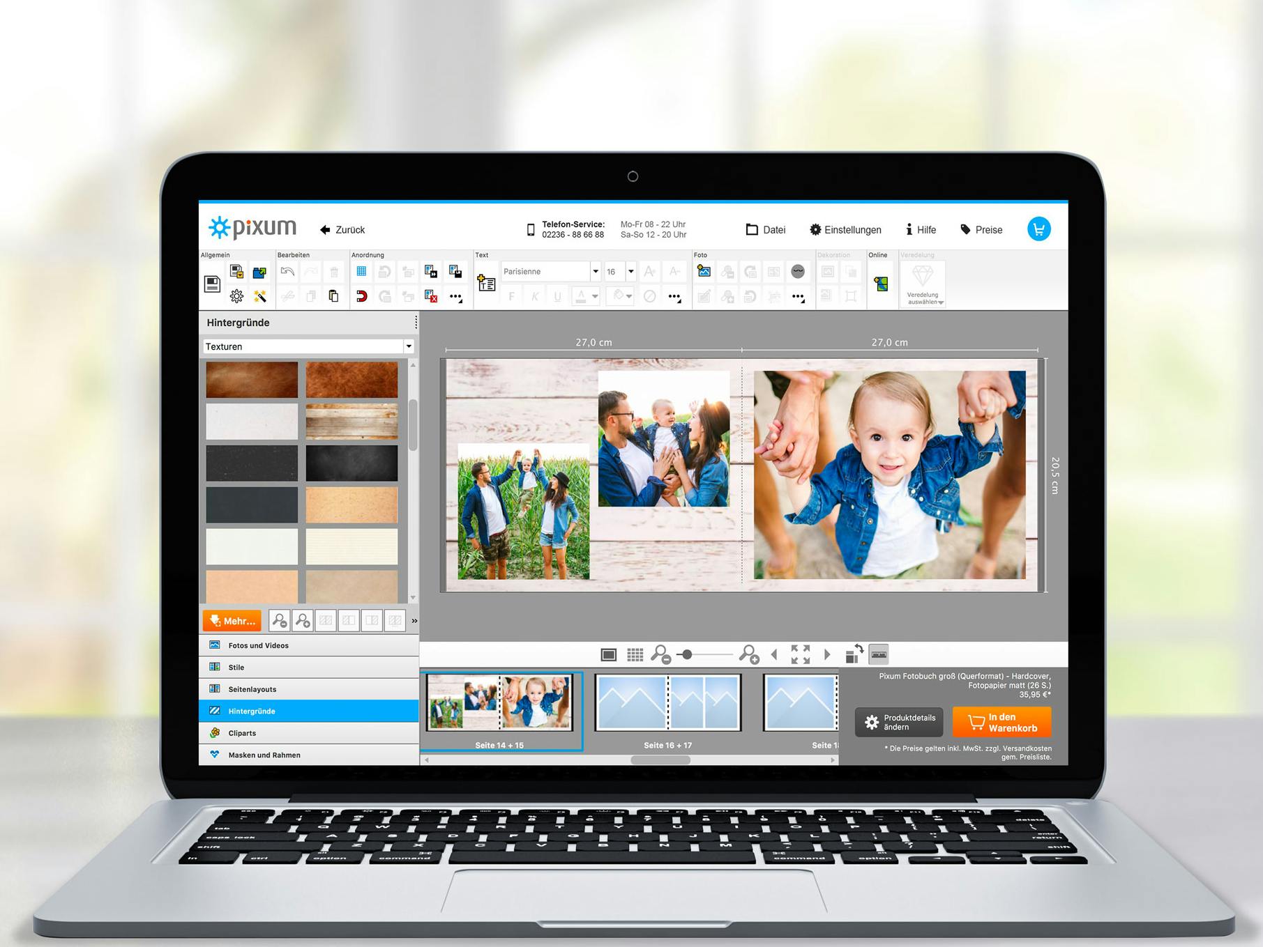 Laptop met Pixum Fotowereld Software met het ontwerpen van achtergronden in een fotoboek
