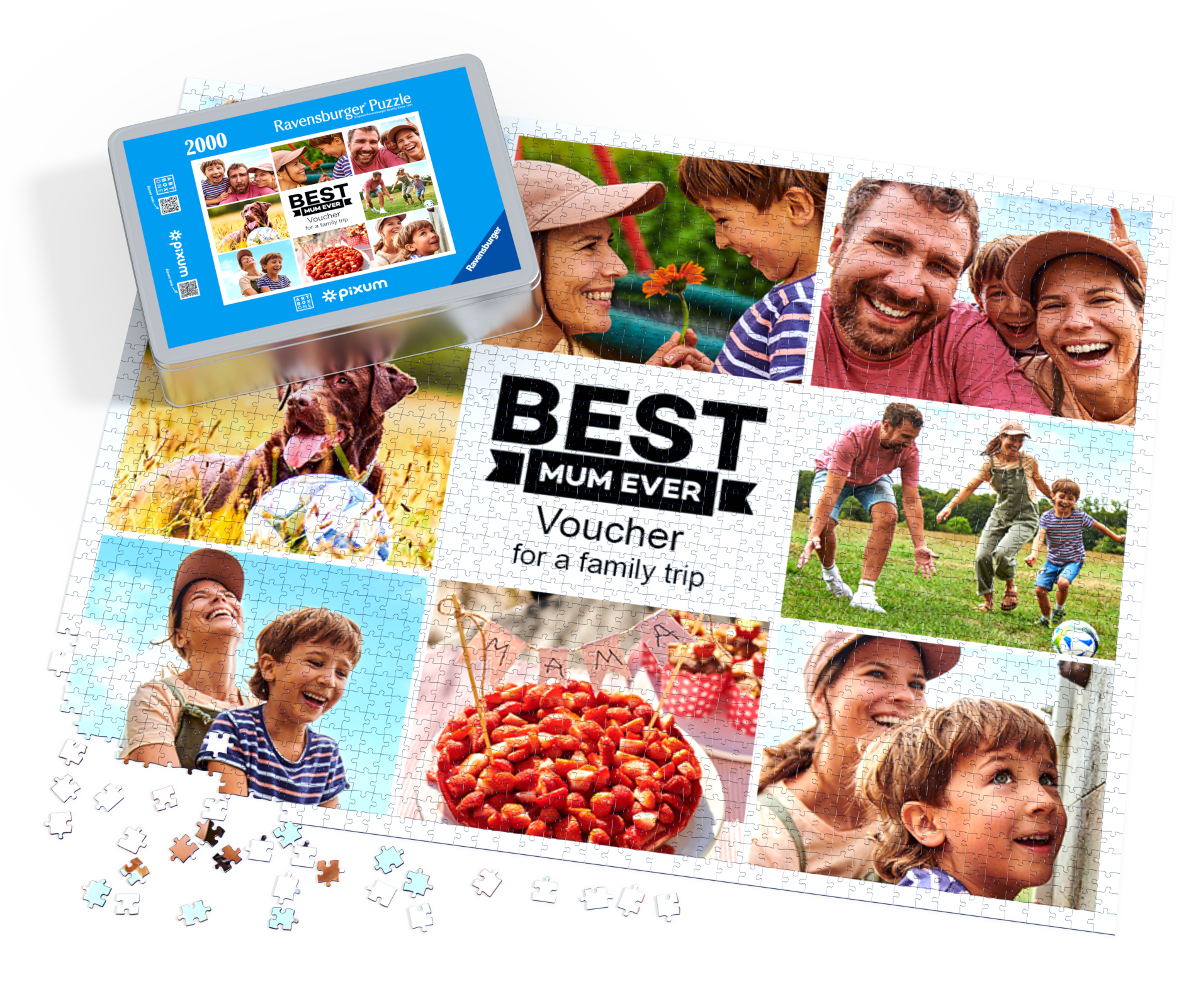Fotopuzzle mit 2000 Teilen, einem Collagen-Layout und Familienbildern.