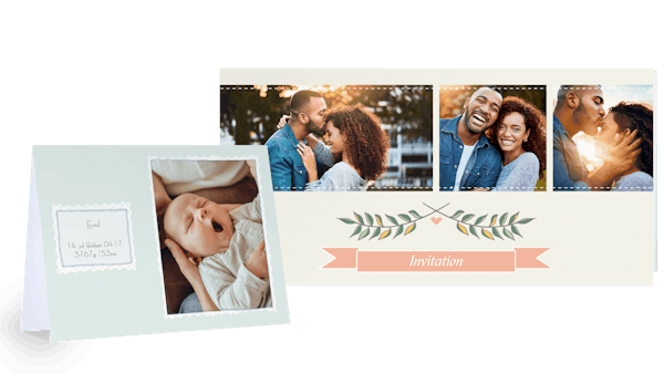 Fotokort med en dåbsinvitation og en invitation til et bryllup
