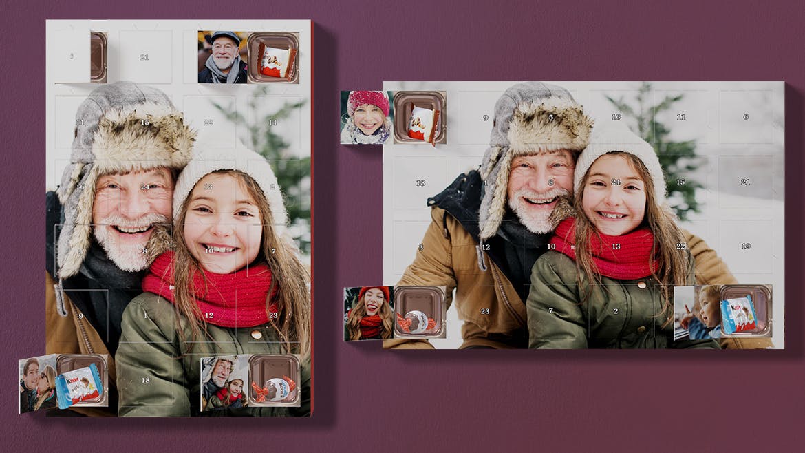 Fototürchen-Adventskalender mit Schokolade von kinder® mit Motiv eines Opas mit seiner Enkelin im Schnee